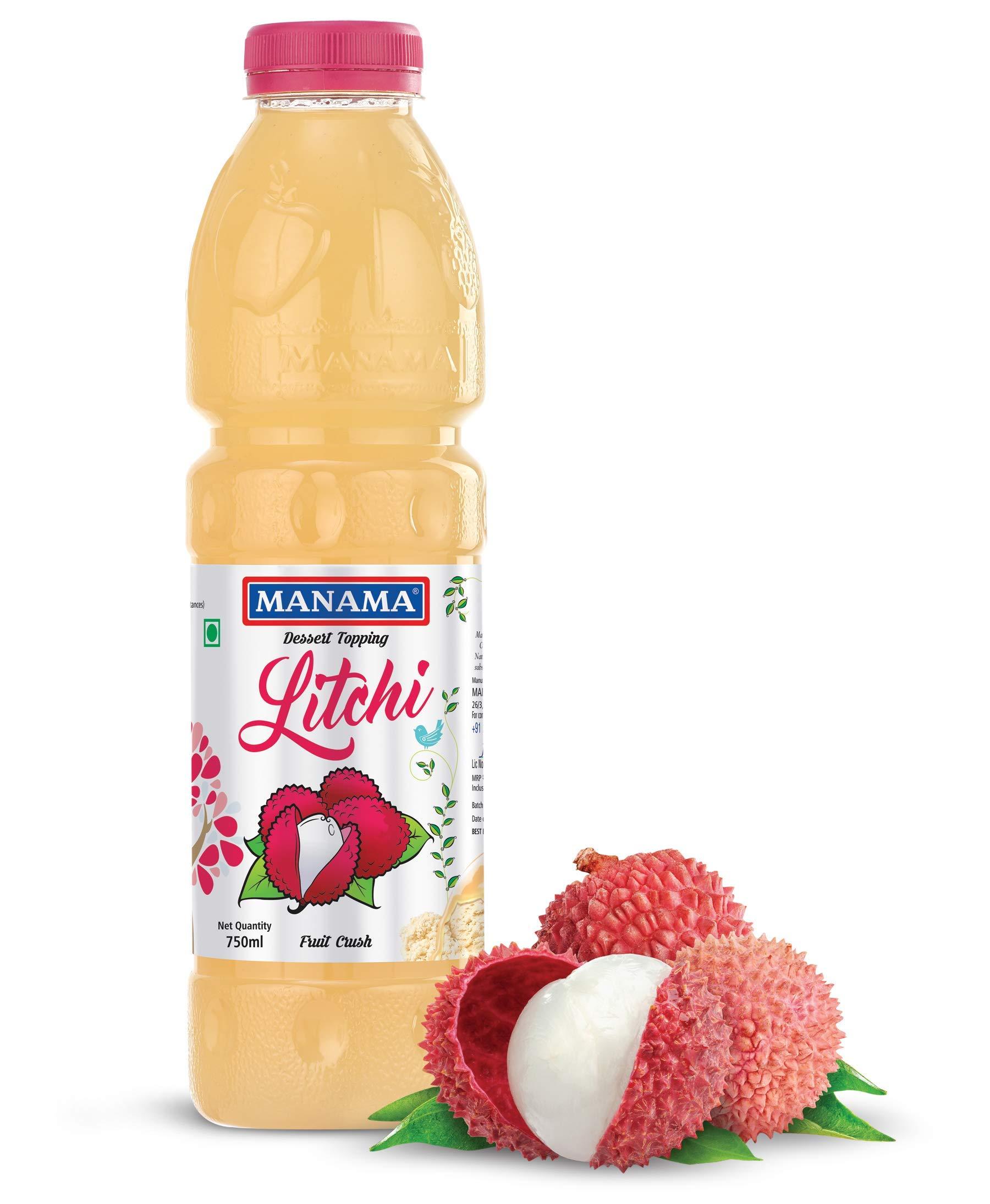 Manama Manama Litchi Crush | Fruit Topping for Ice Creams, Cakes, Pastries and Shakes 750ml Bottle