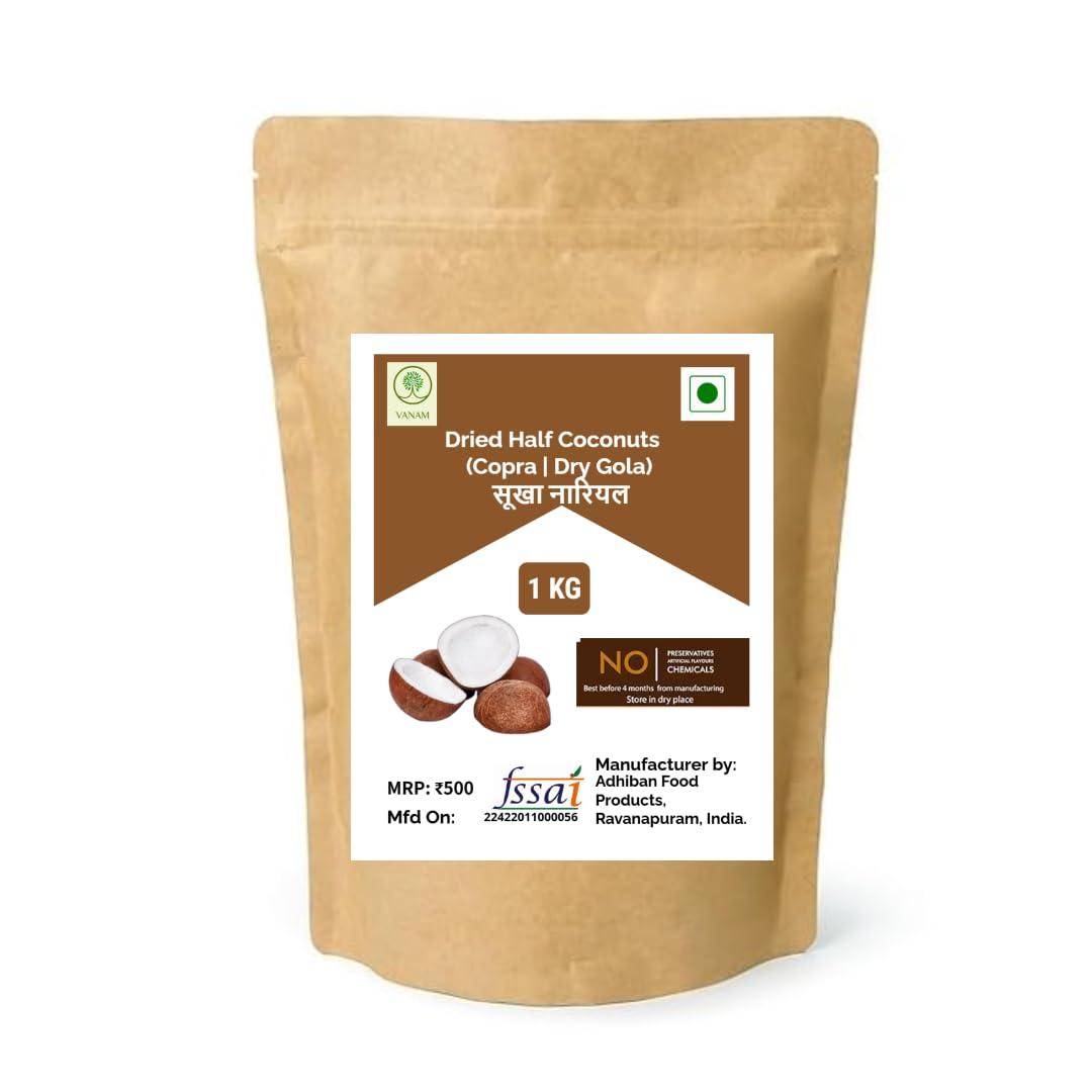 VANAM VANAM Fresh Sun dried Half Coconuts (Copra) - 1 Kg | Dry Coconut Halves | Sabut Gota | Khopra | Kobbari | Sukha Nariyal | Gola Copra