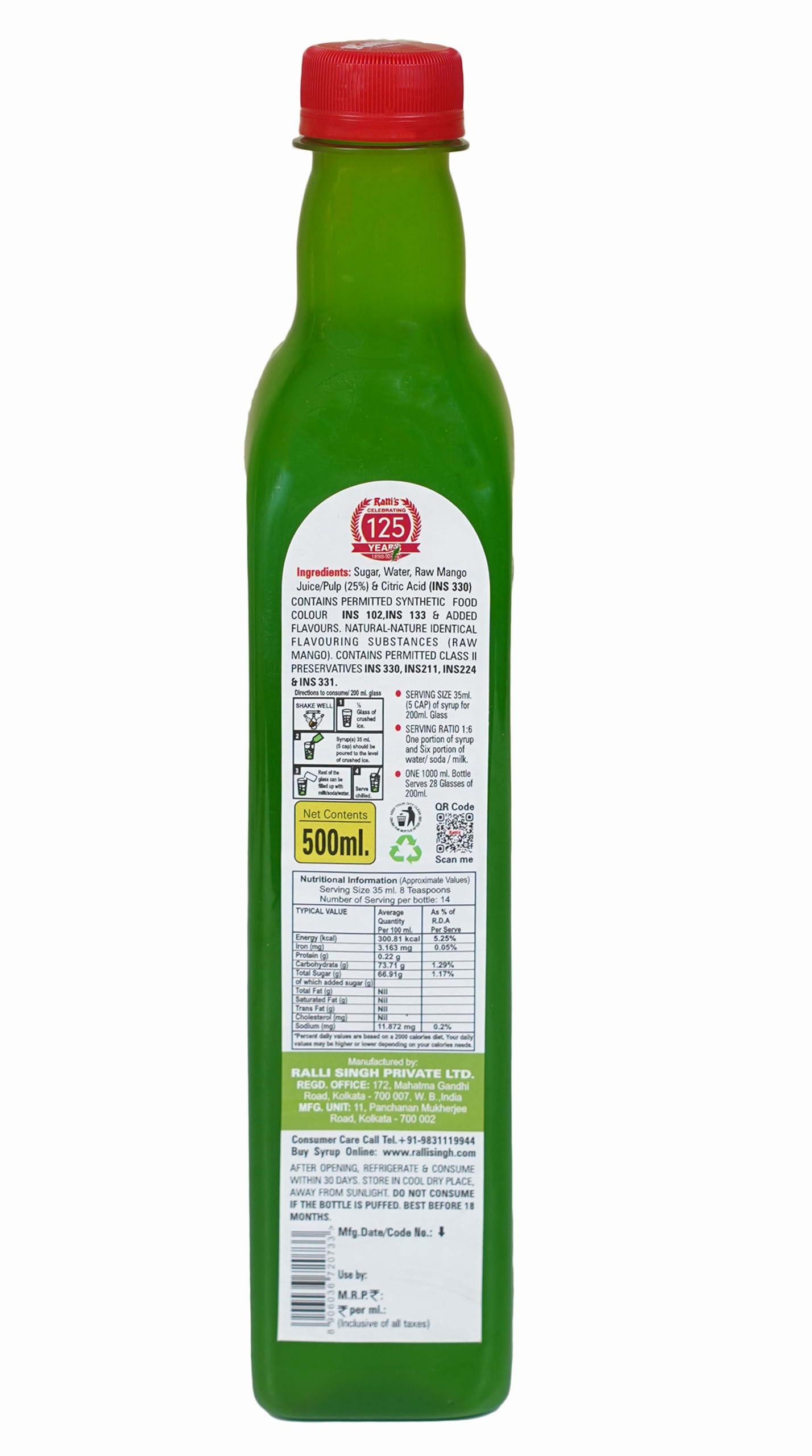 Ralli's Ralli\'s Tangy Green Mango Syrup 500ml: Cool Summer Refresher with Real Green Mango Pulp | Ready to Mix | Perfect for Cocktails, Mocktails, Juices & More!