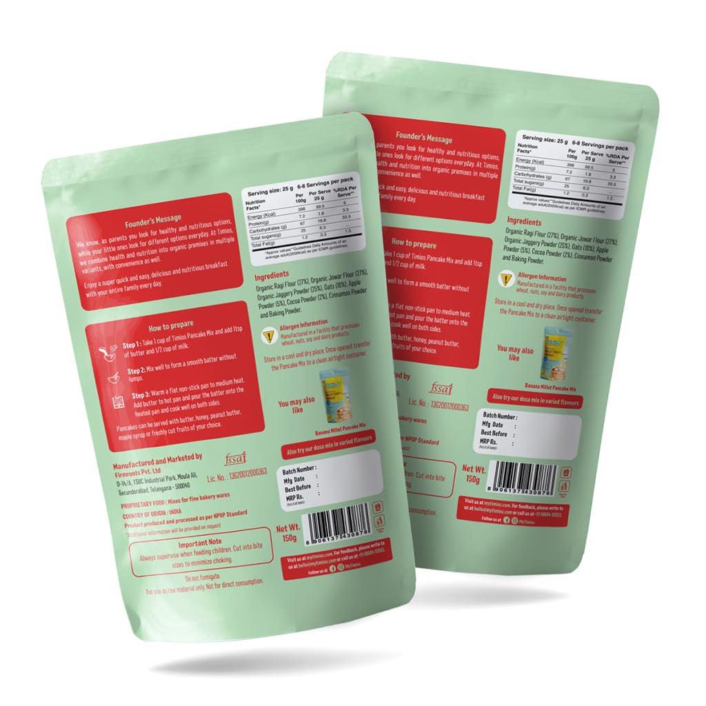 Timios Timios Organic No Maida Millet Pancake Mix-Apple with Cocoa| Made with Whole Grains, Jaggery and Sprouted Nutrition| Instant and Healthy Breakfast| 150 gm Each