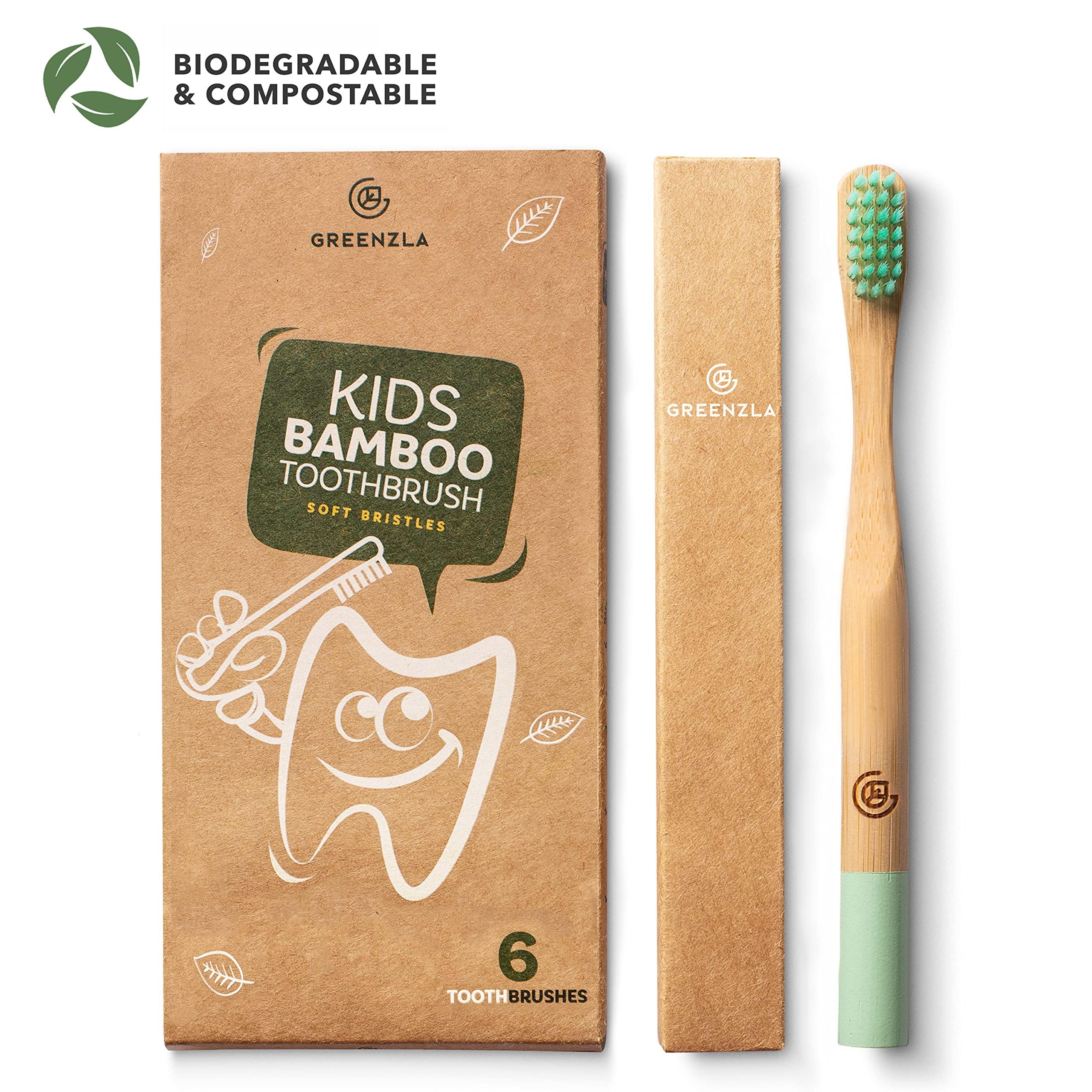 GREENZLA Greenzla Kids Bamboo Toothbrushes (6 Pack) | BPA Free Soft Bristles Toothbrushes | Eco-Friendly, Natural Bamboo Toothbrush Set | Biodegradable, Compostable & Organic Charcoal Wooden toothbrushes