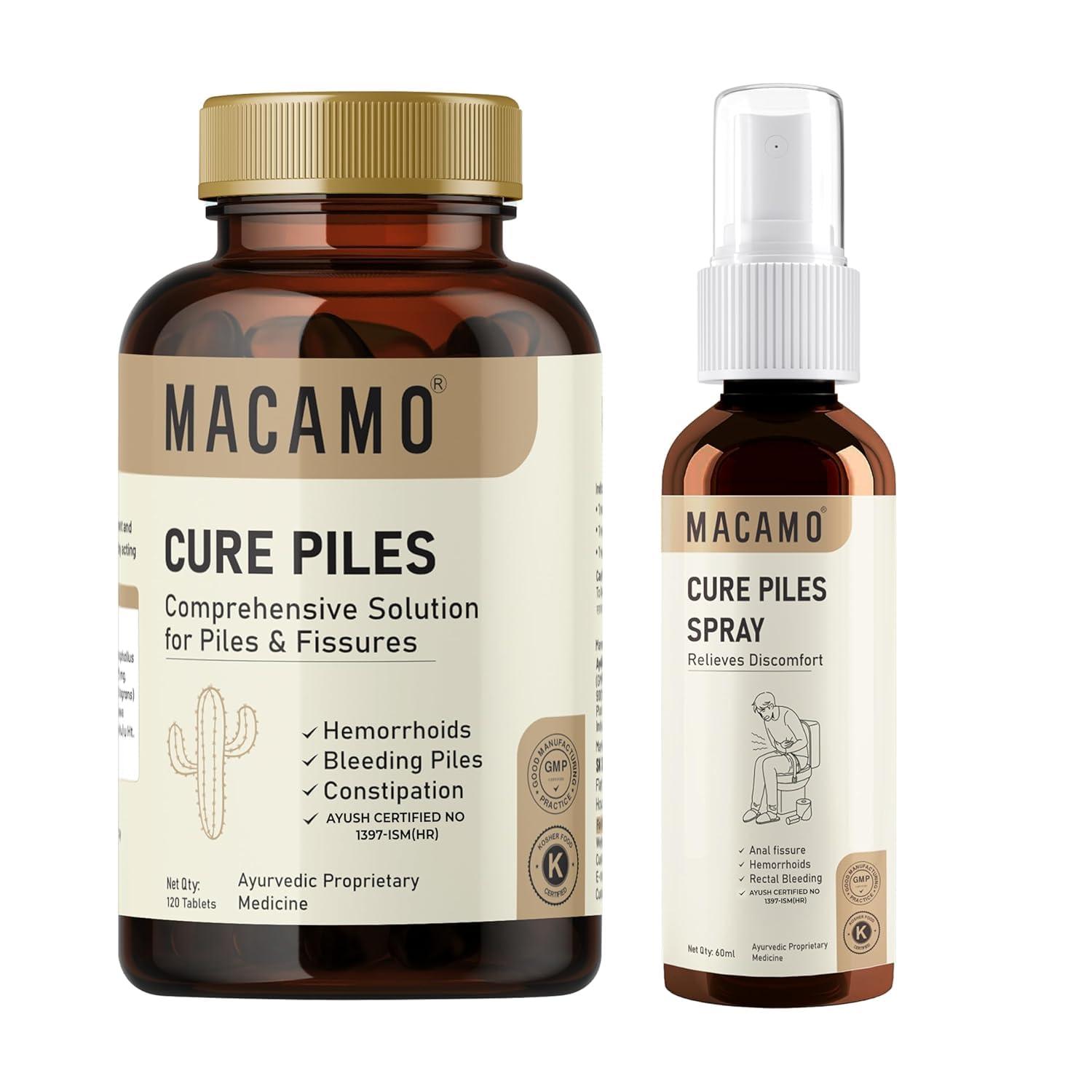 MACAMO MACAMO Cure Piles Tablets & Spray, Comprehensive Solution for Hemorrhoids and Fissures, GMP Approved (120 Tabletes)