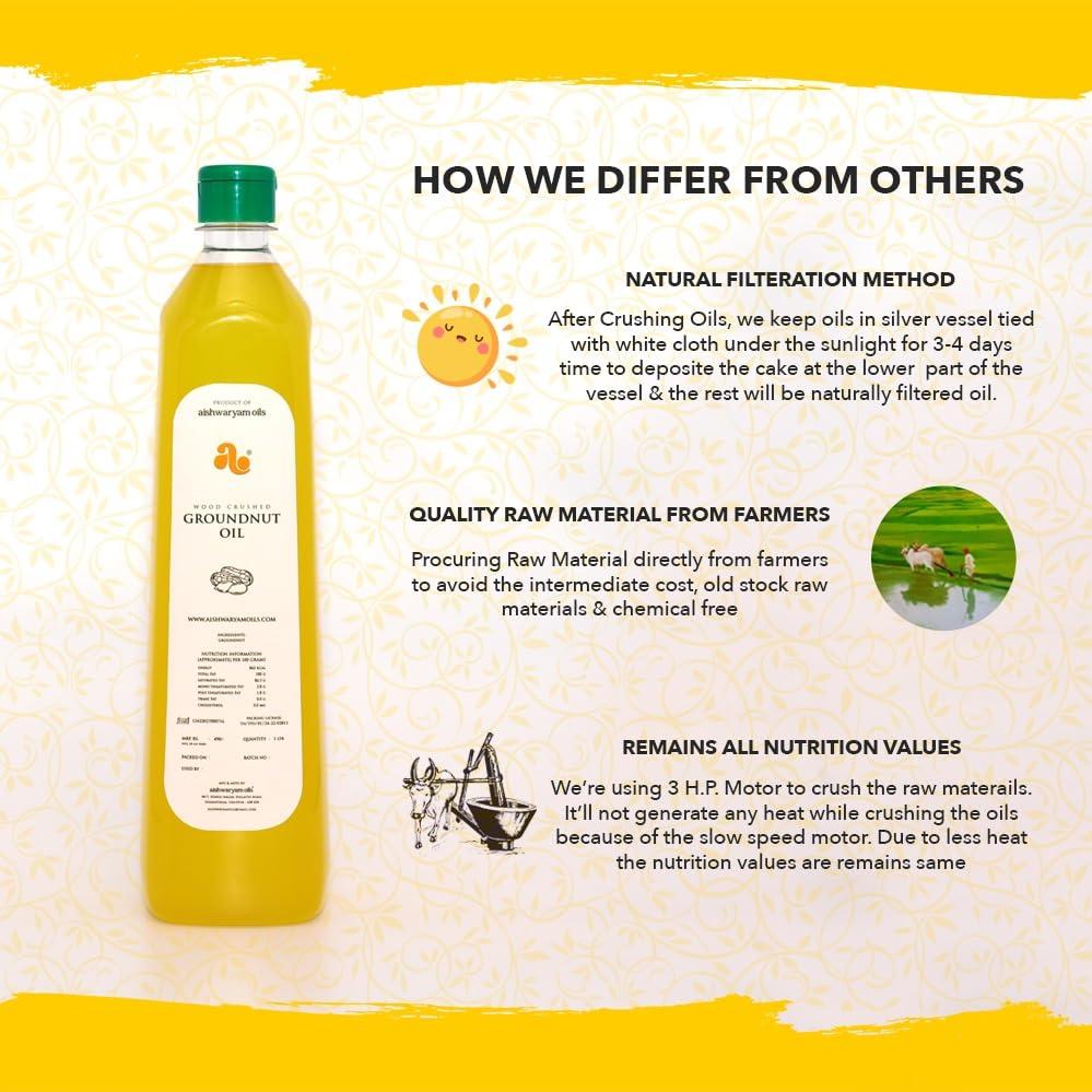 aishwaryam oils Aishwaryam Oils 1L Cold Pressed Groundnut/Mungphali/Peanut Oil (Virgin, Chekku/Ghani) - 1 Litre