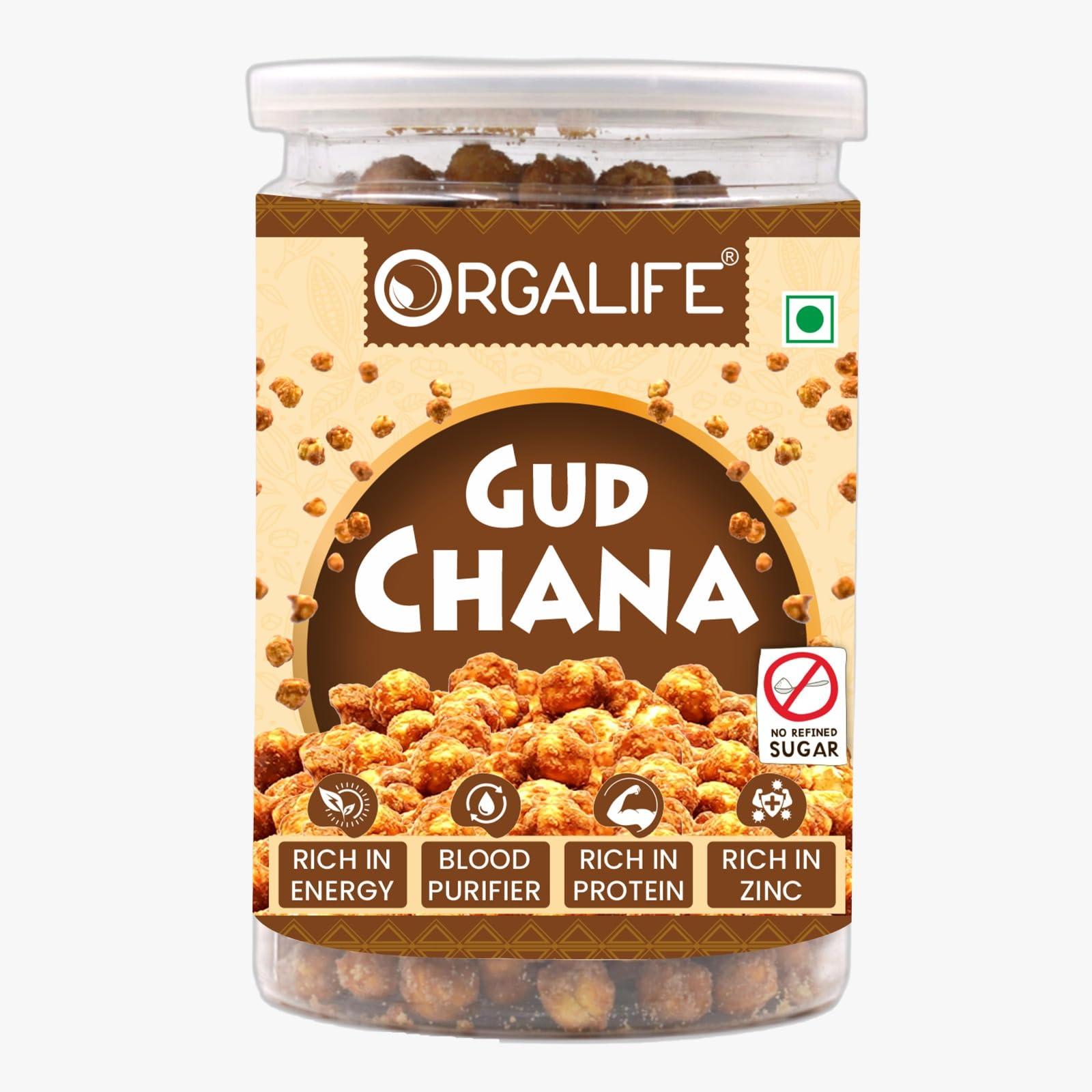 Orgalife Orgalife Healthy Treat Organic Gud Chana 180g | High protin | Deliciously Roasted Chana Coated in Jaggery | Roasted Chickpeas with Natural Jaggery | Immunity Booster | Sweets Snacks With Jaggery