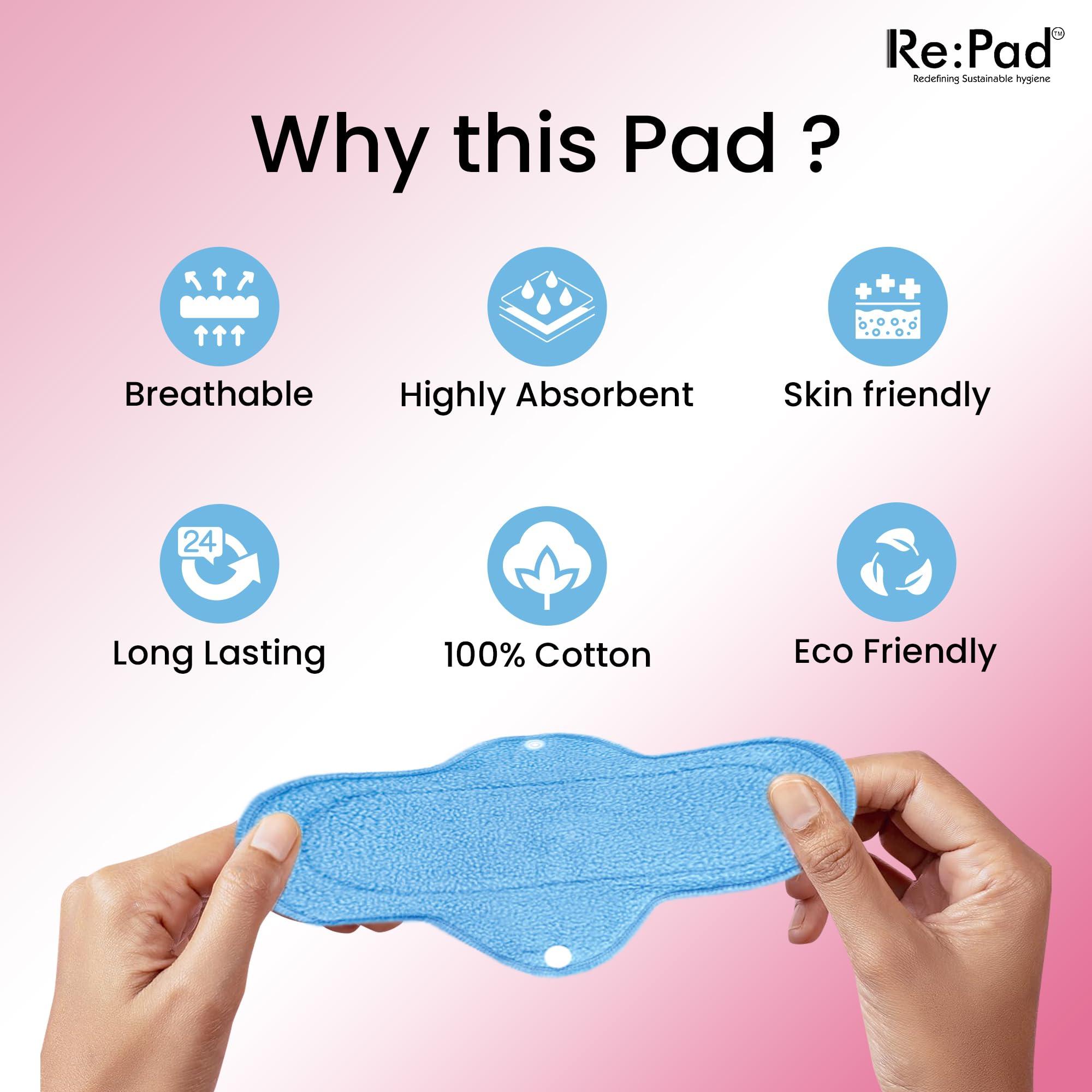 Re:Pad Re pad Reusable Cloth Sanitary for Women Overnight Cloth Washable Super-Absorbent, Soft and Comfortable 3 Super Maxi pads in (Blue) Sanitary Pad (Pack of 3) |Lasts Up To 1 .5 Years