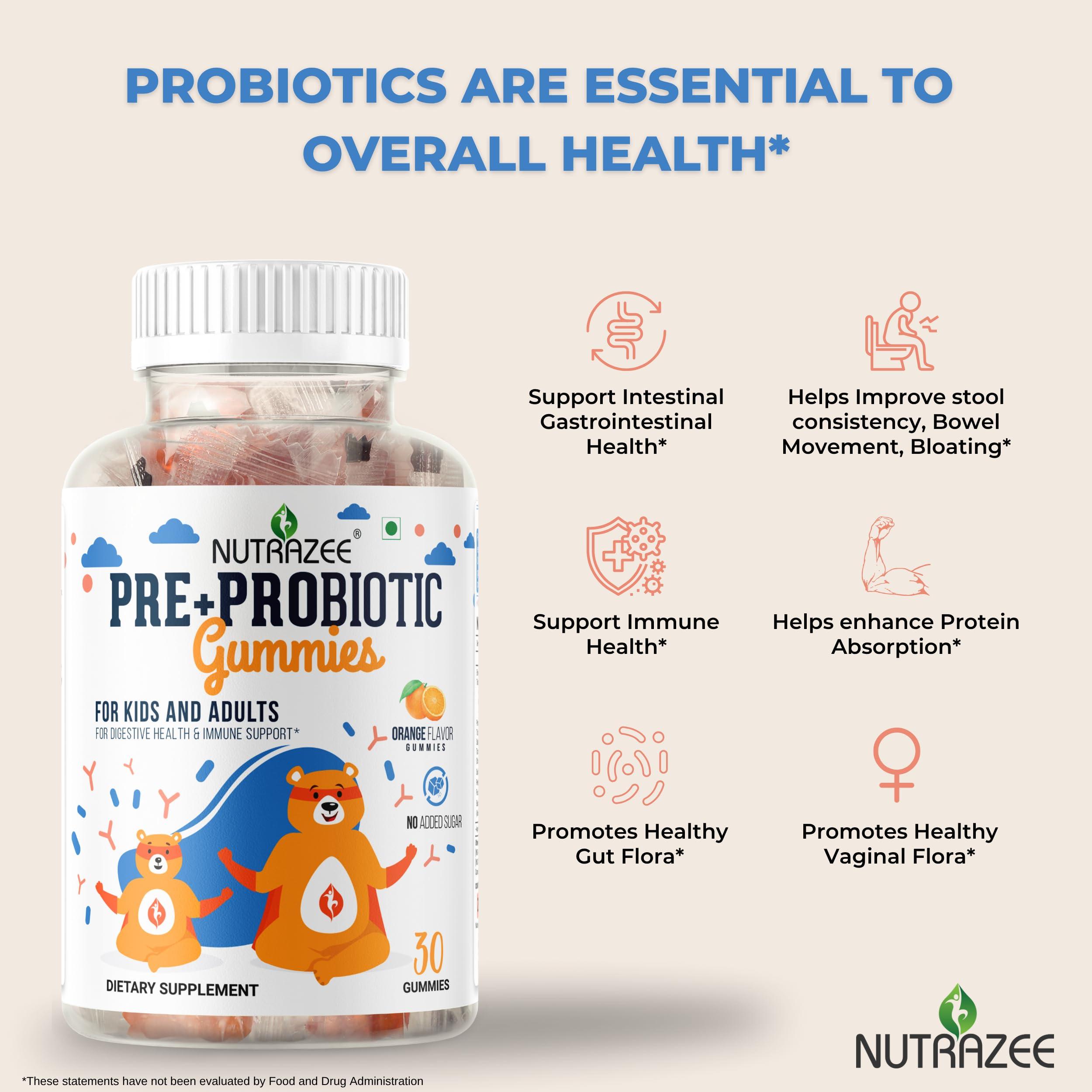 Nutrazee Nutrazee Probiotic Gummies - 2 Billion CFU, Prebiotic Fiber - Zero Added Sugar Supplement For Kids, Men & Women Clinically Validated For Digestion, Easy Bowel Movement & Immunity, 30 Gummy Bears -Orange Flavour