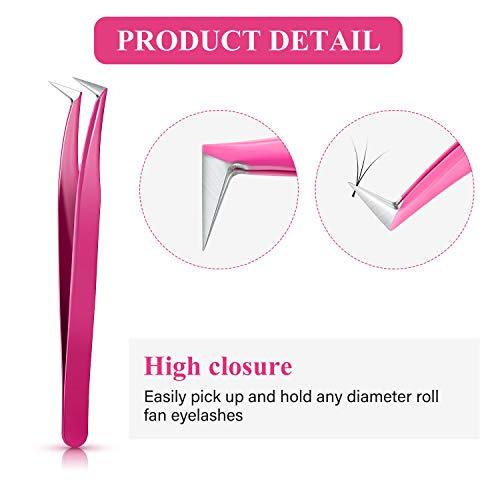 Mudder 3 Pieces Volume Tweezers Eyelash Extension Tweezers Curved Tip False Lash Tweezers Stainless Steel Precision Tweezers for Individual and 3D 6D Volume Eyelash Extension (Rose Red)