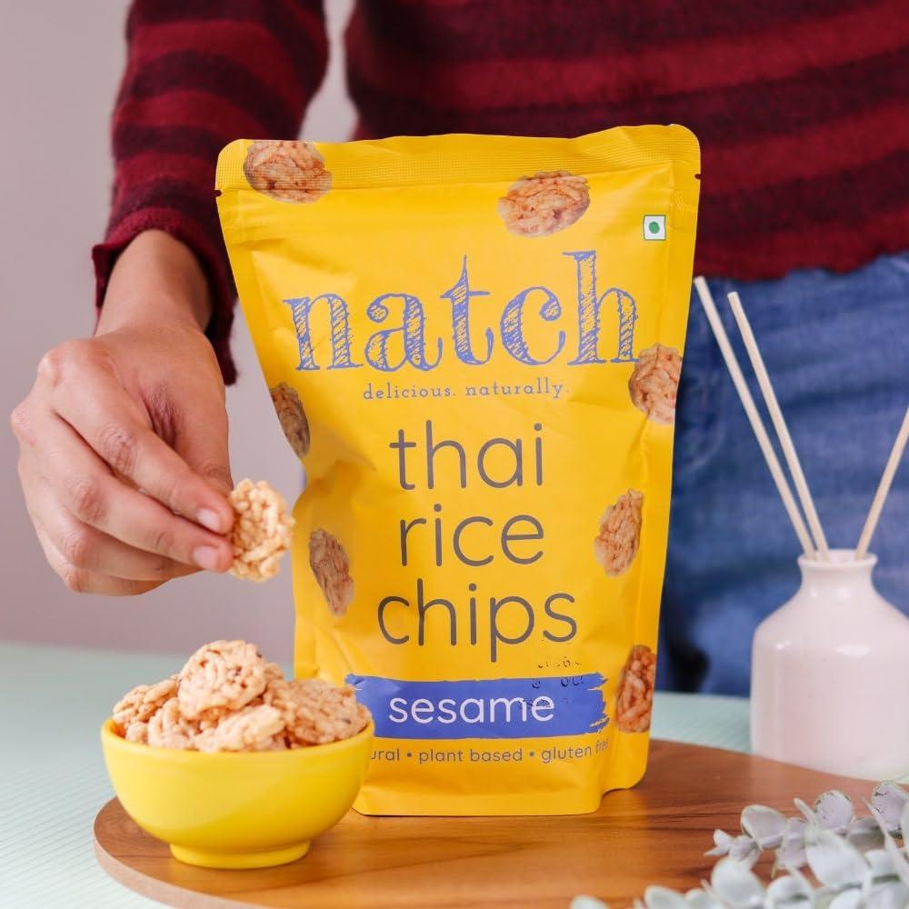 natch Natch Thai Sticky Rice Chips, Gluten Free, Party Family Pack, Vegan, All Natural Crunchy Crackers (Sesame) 100 Gm (Pack of 3)