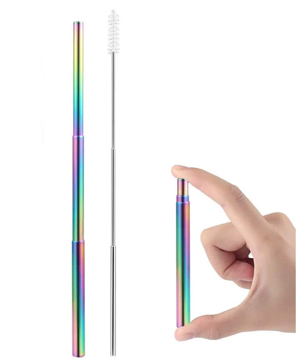 IKTU Iktu Telescopic Reusable Straws, Portable Stainless Steel Drinking Straw with Cleaning Brush and Storage Case, Folding Metal Straw for Travel, Home and Office (Silver + Rainbow)