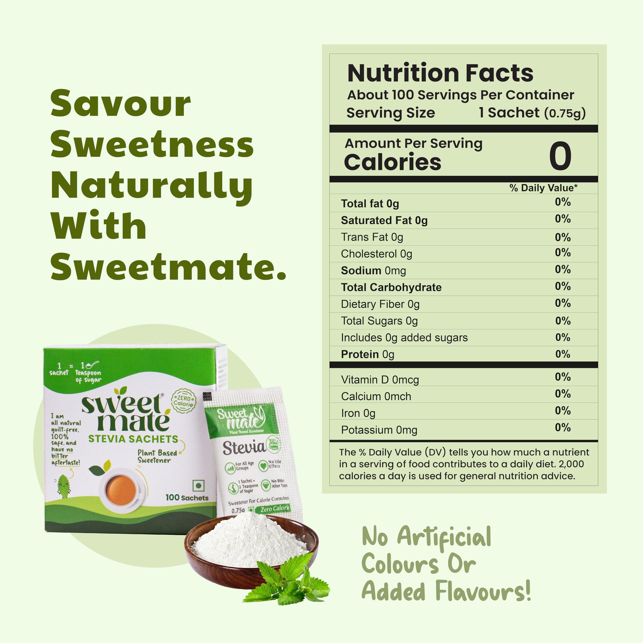 Sweetmate Sweetmate Stevia Sachets 600 (100 Sachets x Pack 6) Servings 100% Sugar Free Vegan Keto Friendly Natural Diabetic Friendly Plant-Based Sweetener Powder with Zero Stevia leaves Powder