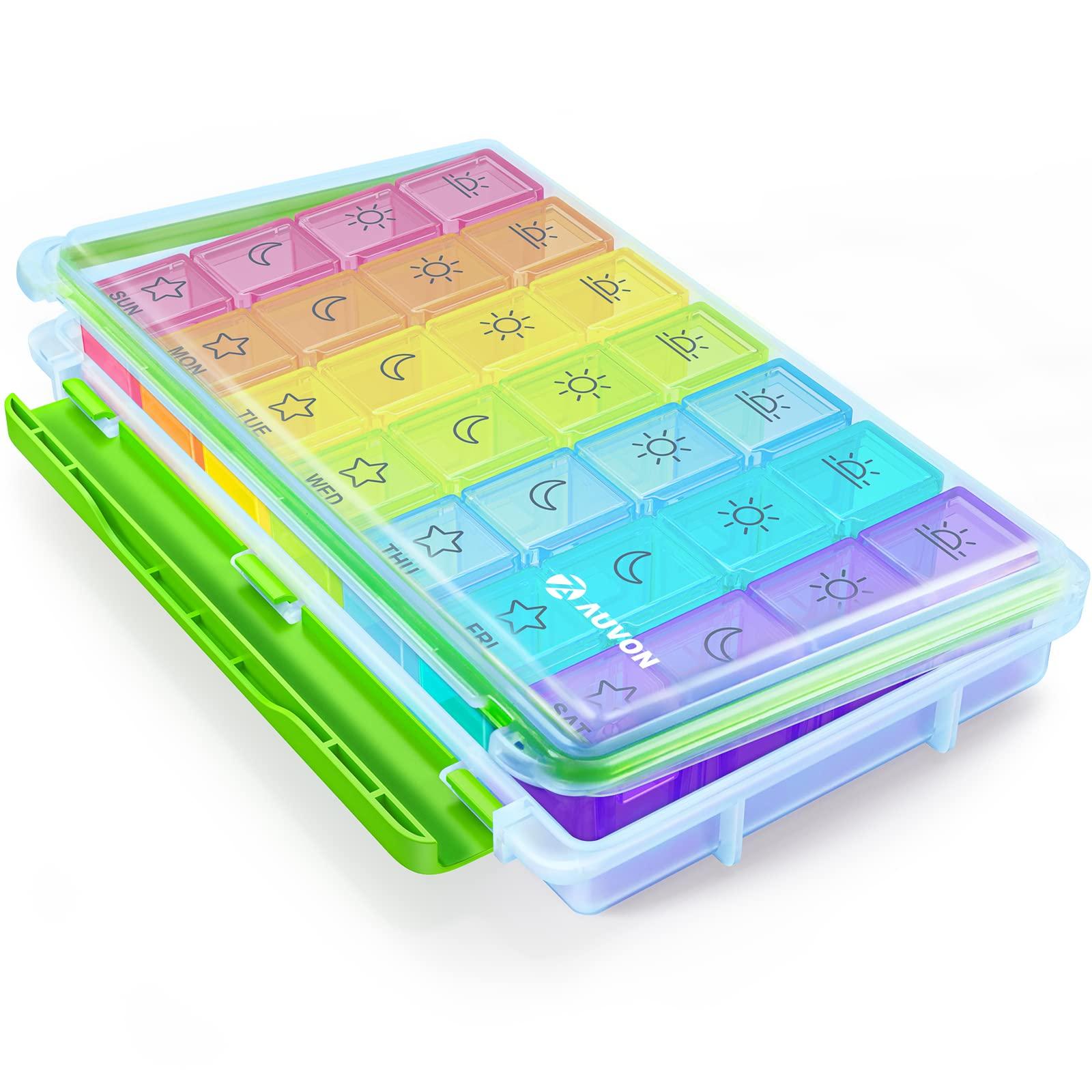 AUVON AUVON Weekly AM/PM Pill Box, 2nd Gen Portable Travel Pill Organizer (7-Day / 4-Times-A-Day) with Moisture-Proof Design and Large Compartments to Hold Vitamins, Supplements and Medication (Blue)