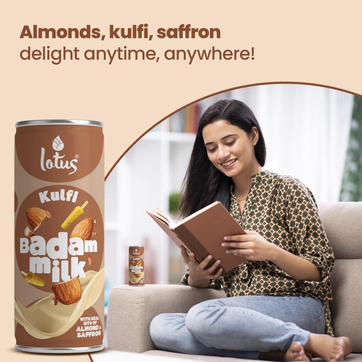 Lotus Lotus Kulfi Badam Milk, 180 ML Can | Pack of 6 | With Real Bits of Almonds and Saffron | No Preservatives | No Artificial Flavours and Colors | Rakhi Gift for Sister and Brother