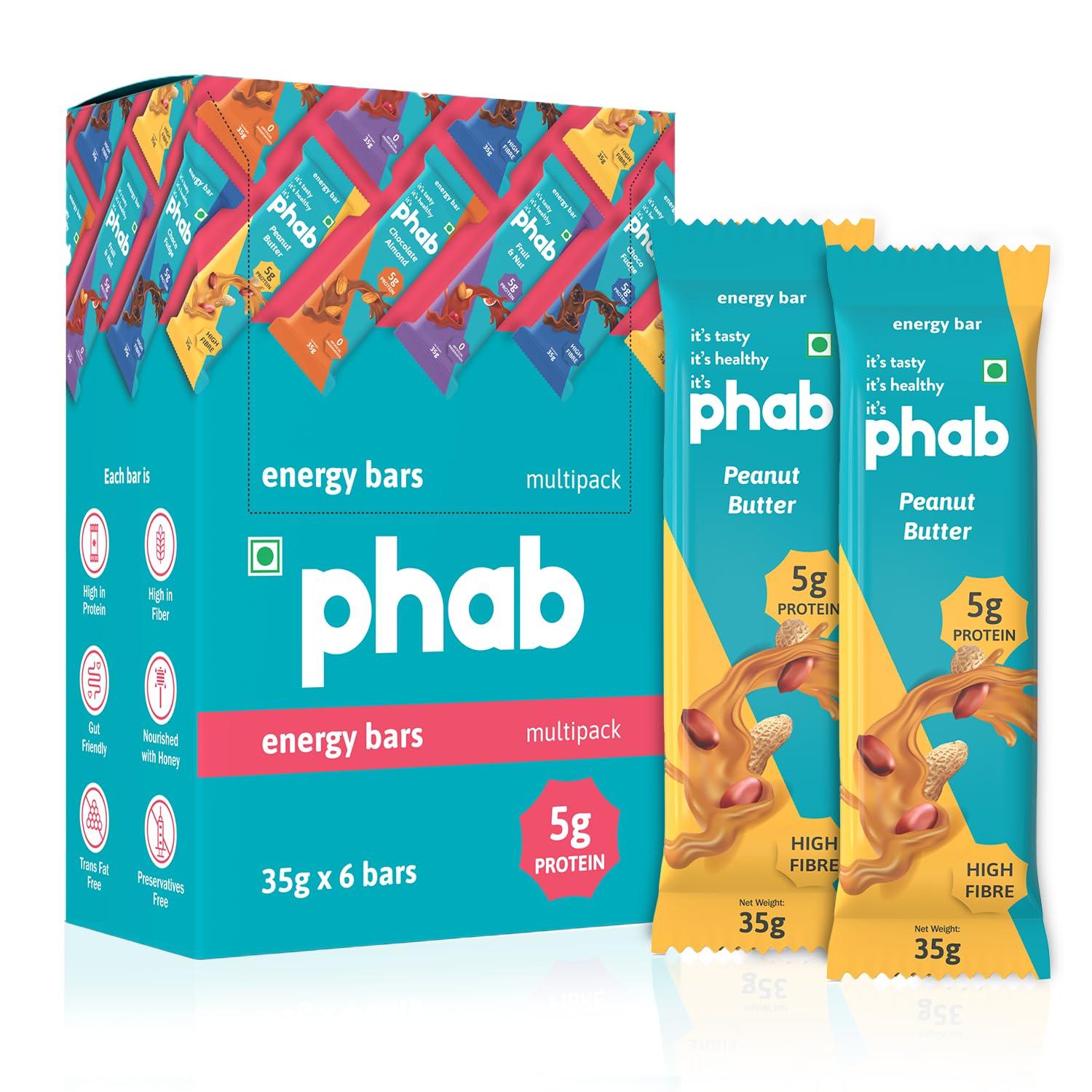 Phab Phab Peanut Butter 5g Protein Bar| Energy & nutrition | High Fibre & Gut-friendly | Sweetened with Honey,Trans Fat Free & No Preservatives | Loaded With 21% Nuts | Healthy & Tasty(Pack of 6 x 35g)