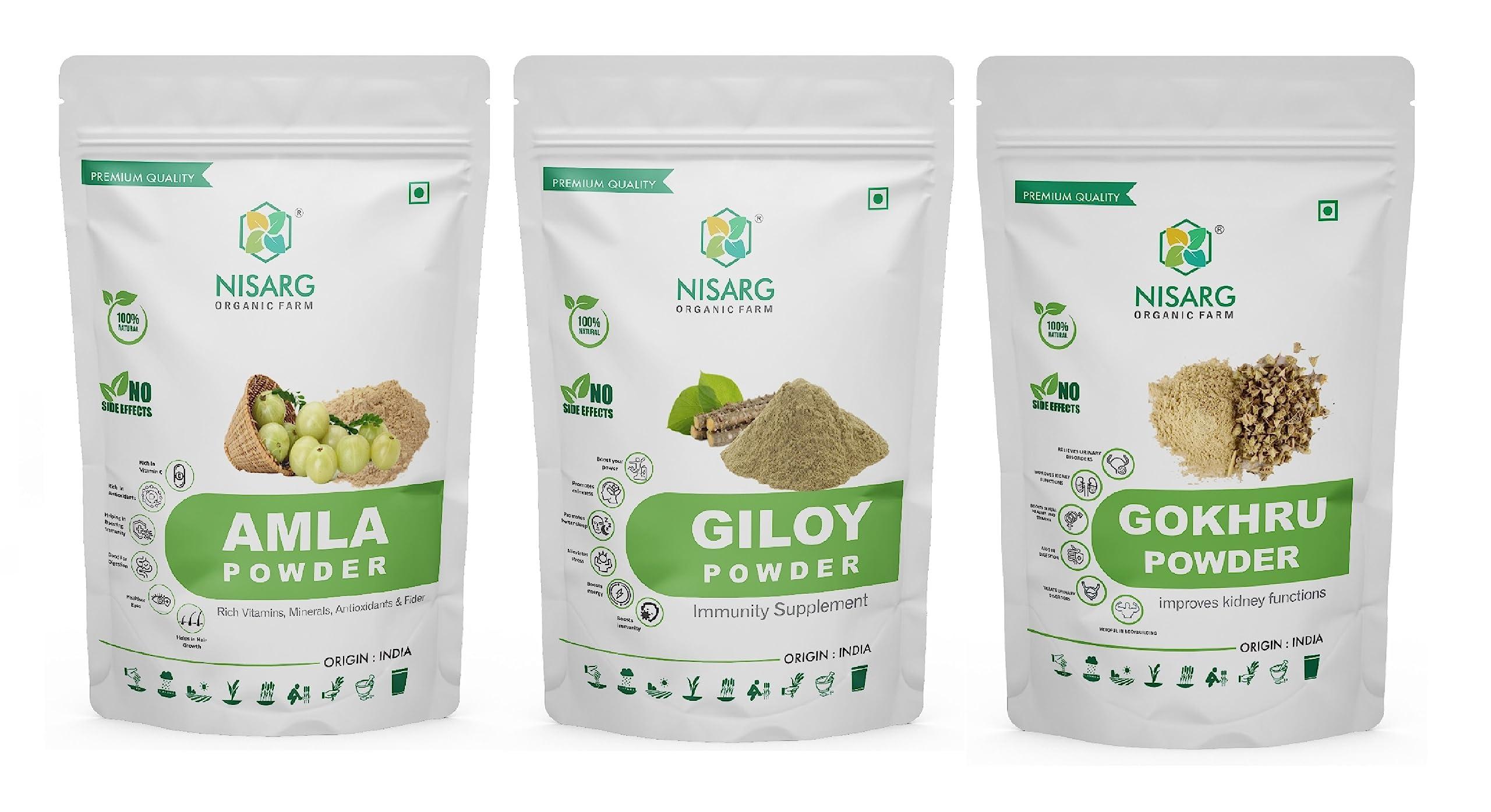 NISARG ORGANIC FARM NISARG ORGANIC FARM Combo of Amla, Giloy, and Gokhru Powder I Traditional Method Made I Pure Herbal & Ayurvedic I for Immunity booster, Hair Growth, Face & Skin Care Overall Health & Wellness (200gm)
