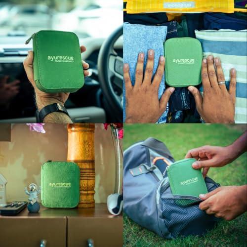 Ayurescue Ayurescue Pocket Pharmacy Herbal First Aid Kit containing 4 Essential Oil Roll-Ons for Stress, Insomnia, Headache, Pain, Indigestion, Cough & Cold | Must have on-the-go essential | Natural, Travel-Friendly Solution