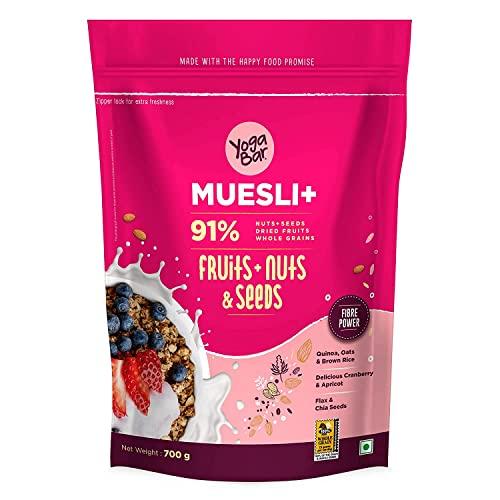 Yogabar Yogabar Muesli Fruit And Nuts - 93% Wholegrain Breakfast Cereals With Oats, Dry Fruits, And Nuts & Seeds, High In Omega 3, Gluten Free Granola With Chia And Flax Seeds (700G - Pack Of 2)