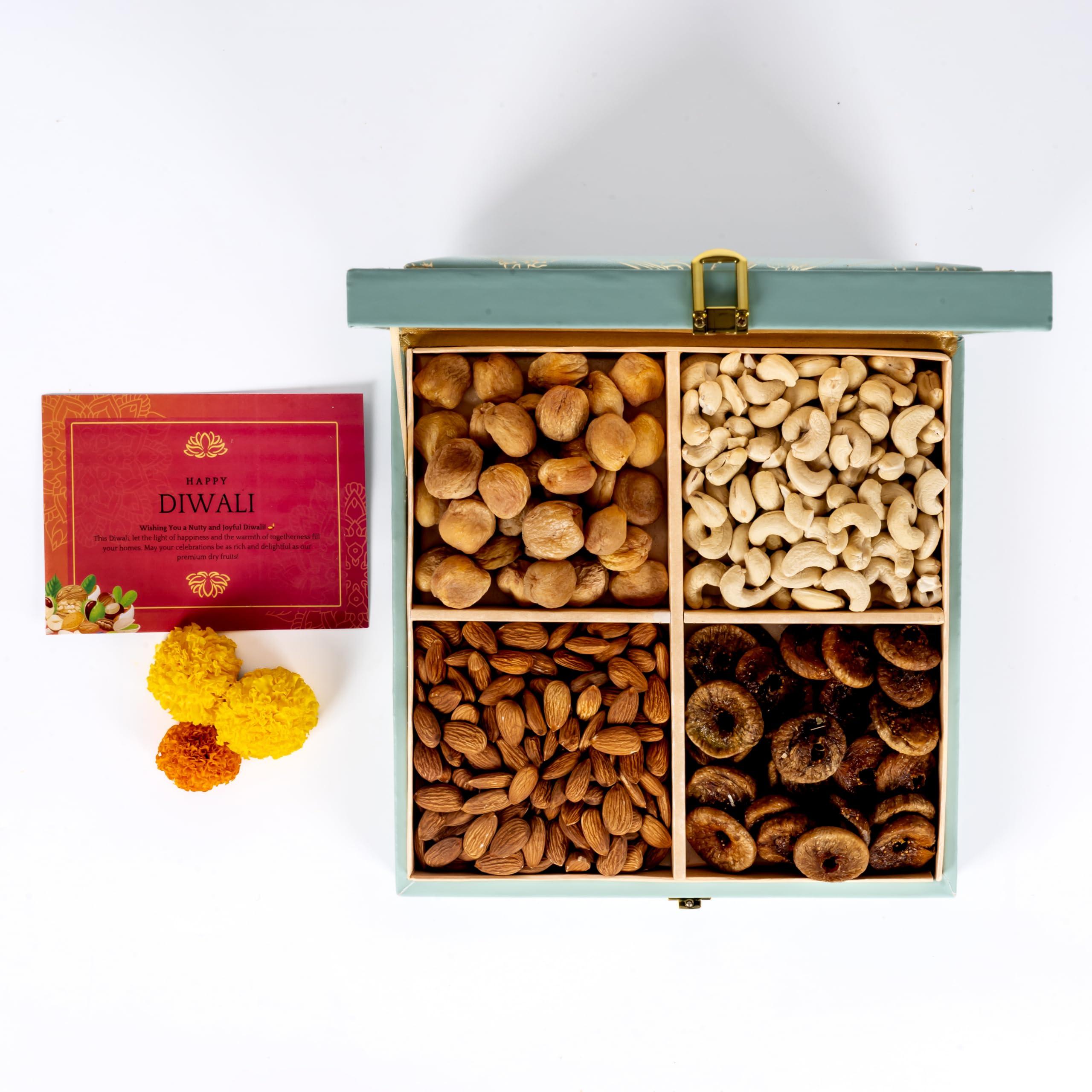 Wooq Organics Wooq Organics Premium Dry Fruit Gift Boxes Inch with Dry Fruits - Almond, Cashew, Fig, Apricots, Mix Dry Fruits gift Pack, Diwali dryfruit combo Gift hamper (4x100g, 10x10x2 Inches)