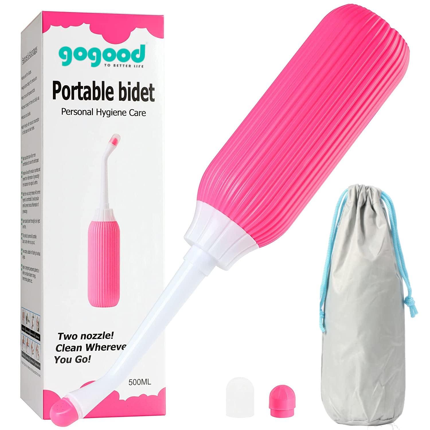 gogood GOGOOD Portable Bidet Jet Spray for Toilet - Retractable Peri Bottle, Postpartum Perineal Bum Cleaner 2 Nozzles and Travel Bag, 500ml (Pink)