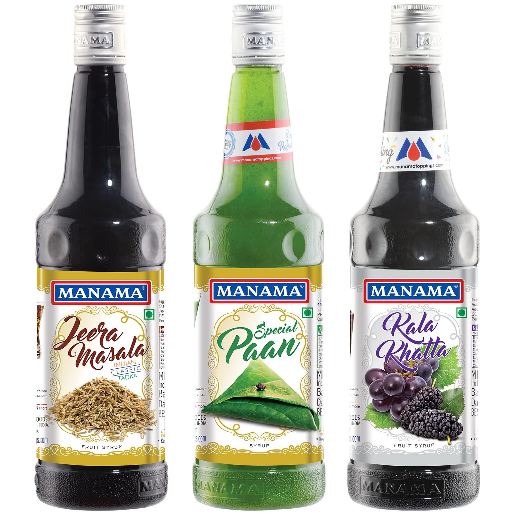 Manama Manama Jeera Masala Syrup, Paan Flavoured Syrup and Kala Khatta Flavoured Syrup, 750ML Each, Pack of 3