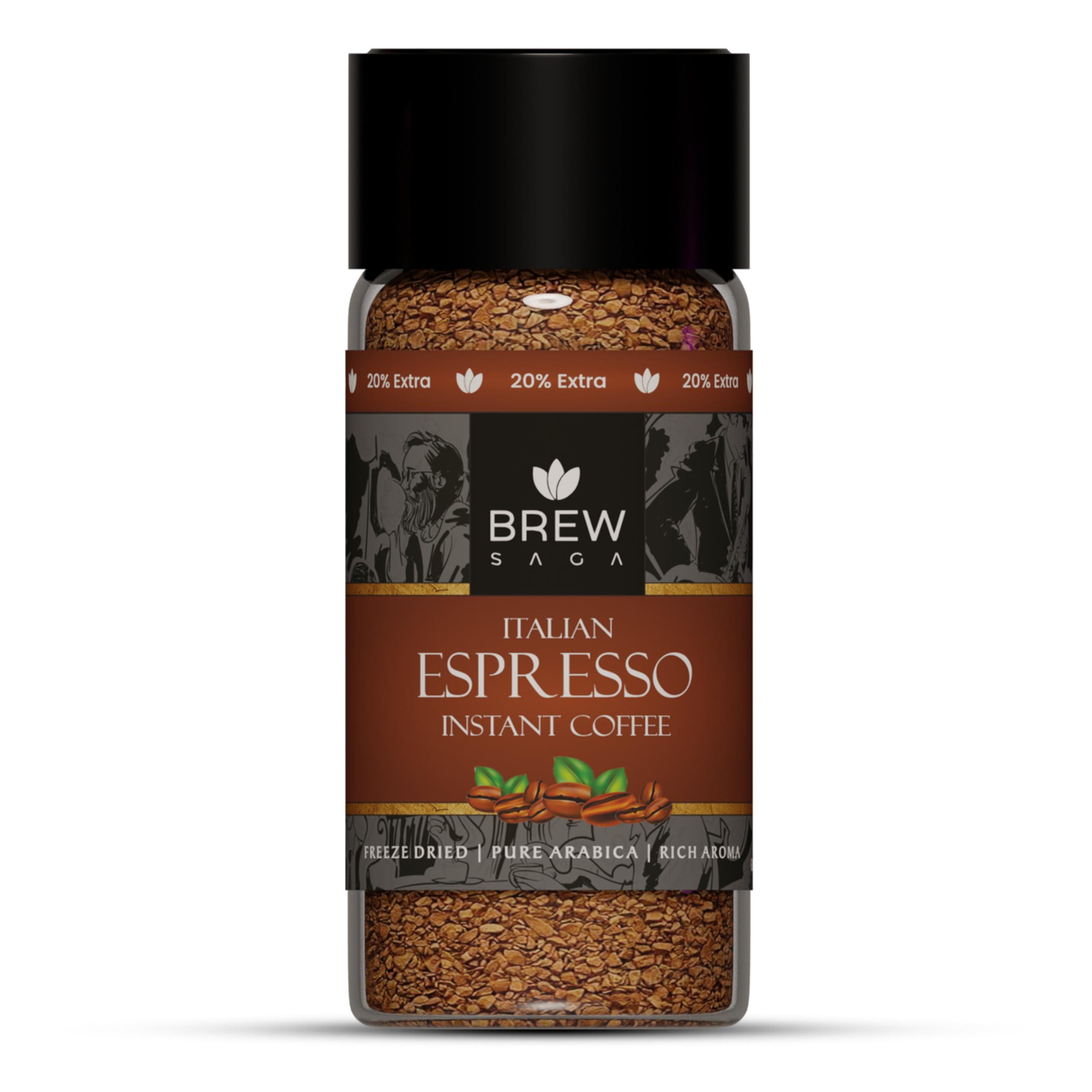 BREW SAGA BREWSAGA Italian Espresso Instant Coffee | 100% Arabica | Freeze-Dried | Flavoured Coffee | No Added Sugar | Makes 30 Cups | 60 Gram