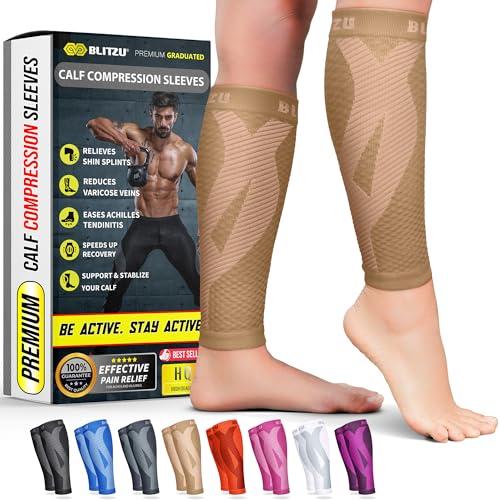 BLITZU BLITZU Calf Compression Sleeves For Women & Men Leg Compression Socks for Runners, Shin Splint, Recovery from Injury & Pain Relief Great for Running, Maternity, Travel, Nurses Nude S-M