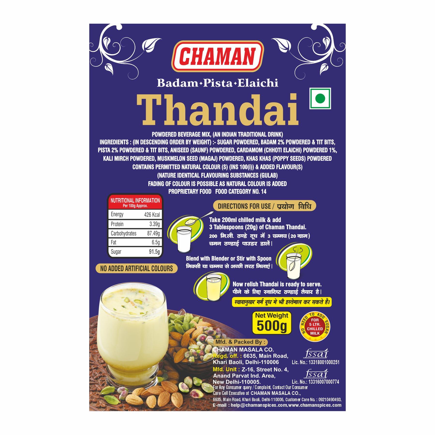 CHAMAN Chaman Thandai Powder with Badam Pista Elaichi 500G [Refreshing Taste]