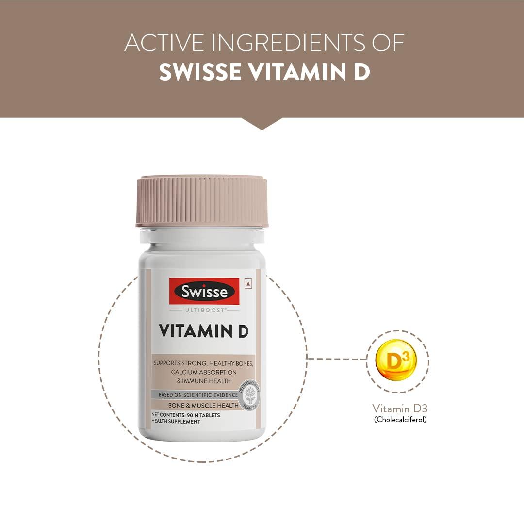 Swisse Swisse Vitamin D - 100% RDA of Vitamin D3 (Manufactured In Australia, Internationally Proven Formula) High Absorption Vitamin D3 For Healthy Bones, Immunity & Strong Muscles (90 Tablets)
