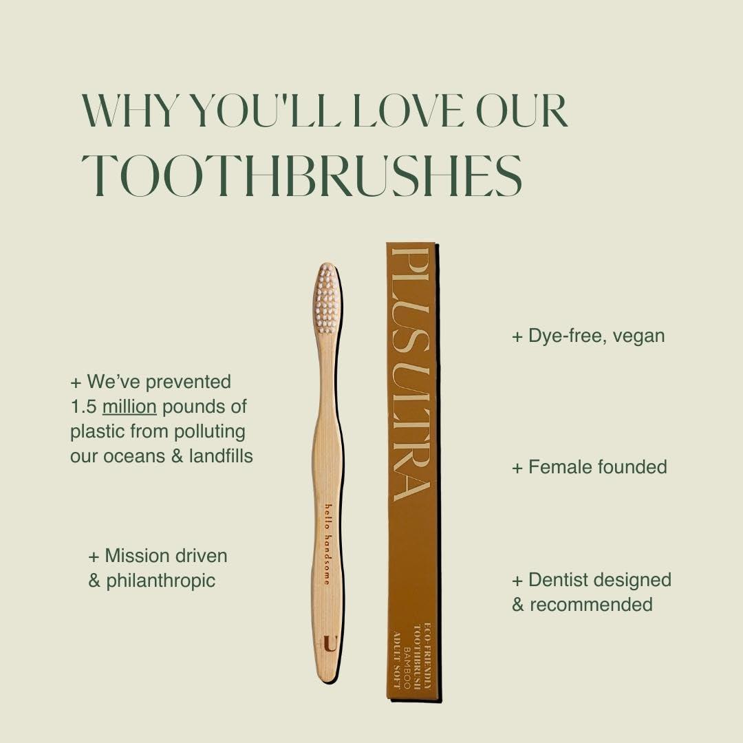 Plus Ultra PLUS ULTRA Adult Size Bamboo Toothbrush\"Hello Handsome\" with Soft, Wave-Shaped, BPA Free Nylon Bristles and Plant Based, Natural, Biodegradable Handle