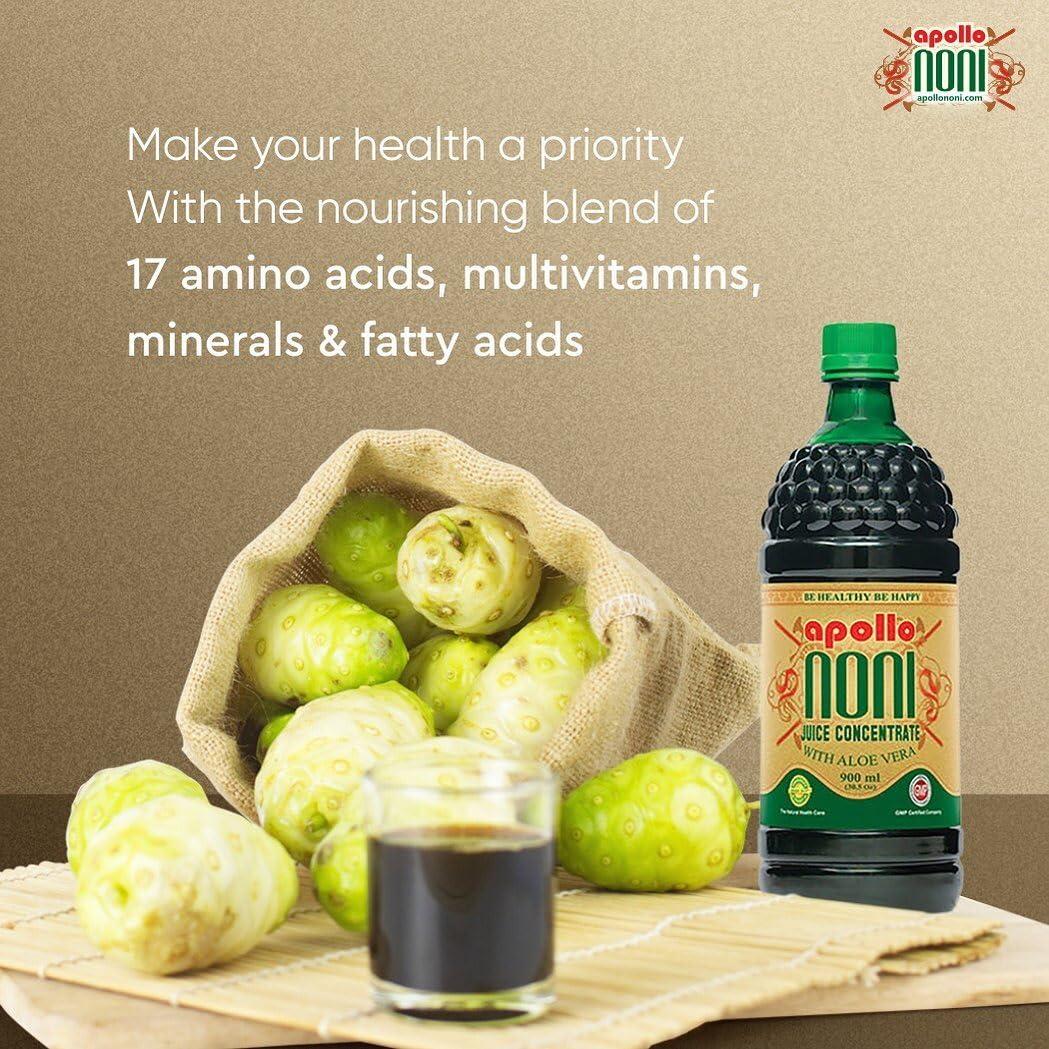 apollo NONI Apollo Noni Juice Concentrate with Aloe Vera 900ml | Natural Immunity Booster Juice with Pure Noni Fruit Extract | Rich in Antioxidants, Enhance energy | Sugar Free Noni Juice