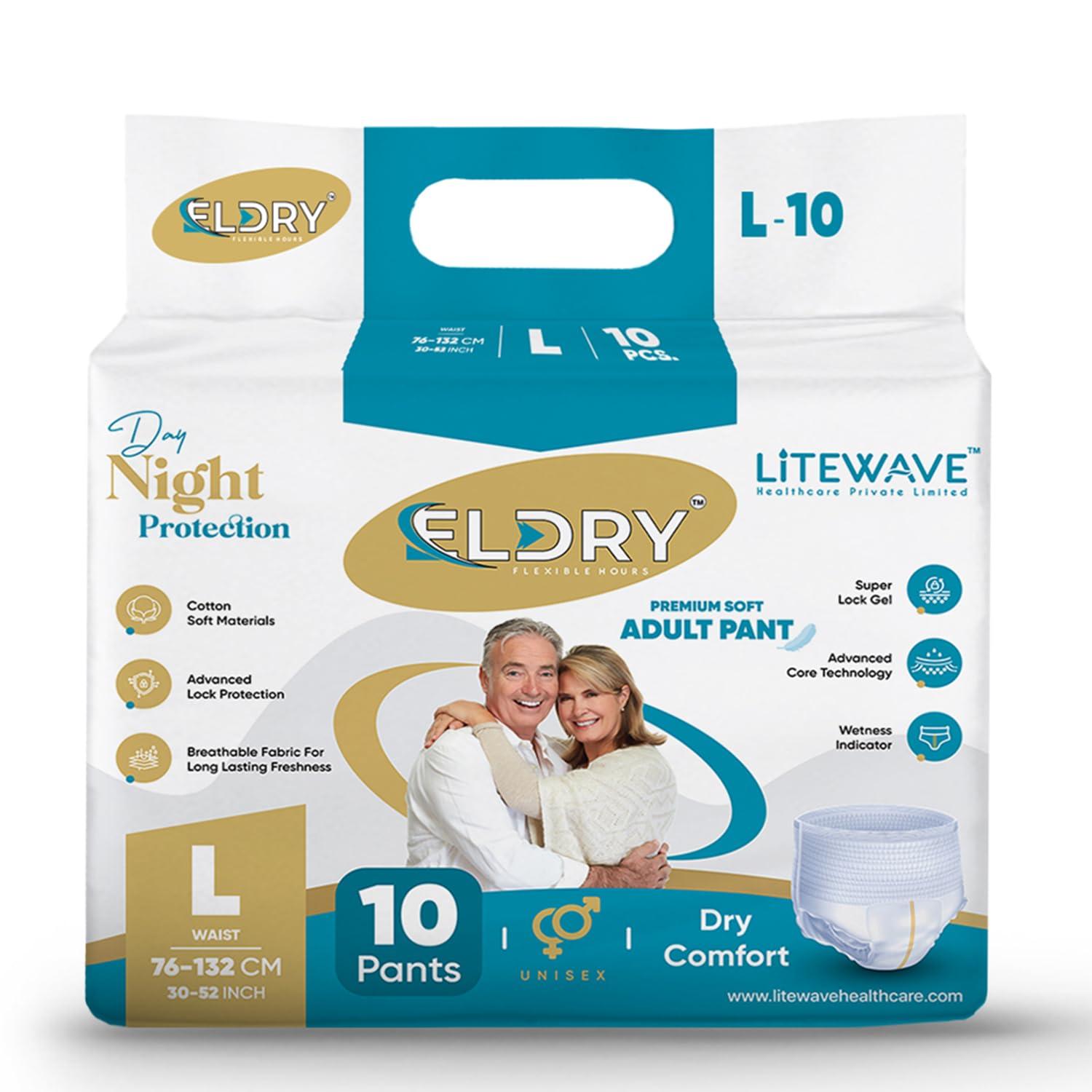 ELDRY ELDRY Unisex | Premium Soft Adult Pant Style Diapers | 60 Counts | Large (L) Size 76-132Cm (30\'\'-52\'\' Inch) | Leakproof, Wetness Indicator, 12 hrs Overnight Protection | (Pack of 6)