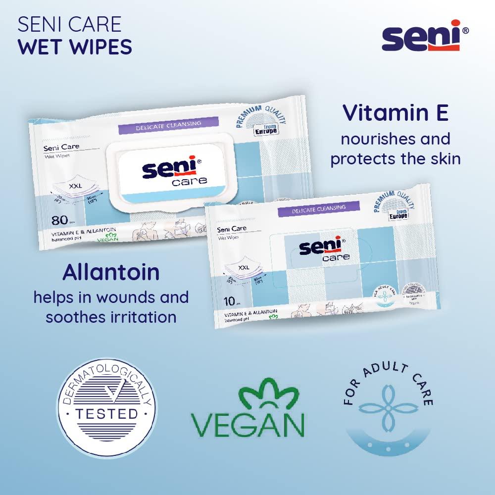 Seni Seni Care wet wipes for Adults | for sensitive skin |with vitamin E and allantoin| nourishes skin | vegan | balanced PH | delicate |dermatologically tested | ready to use bath wipes | white | Size XXL | Pack of 4 | Total 320 Pcs