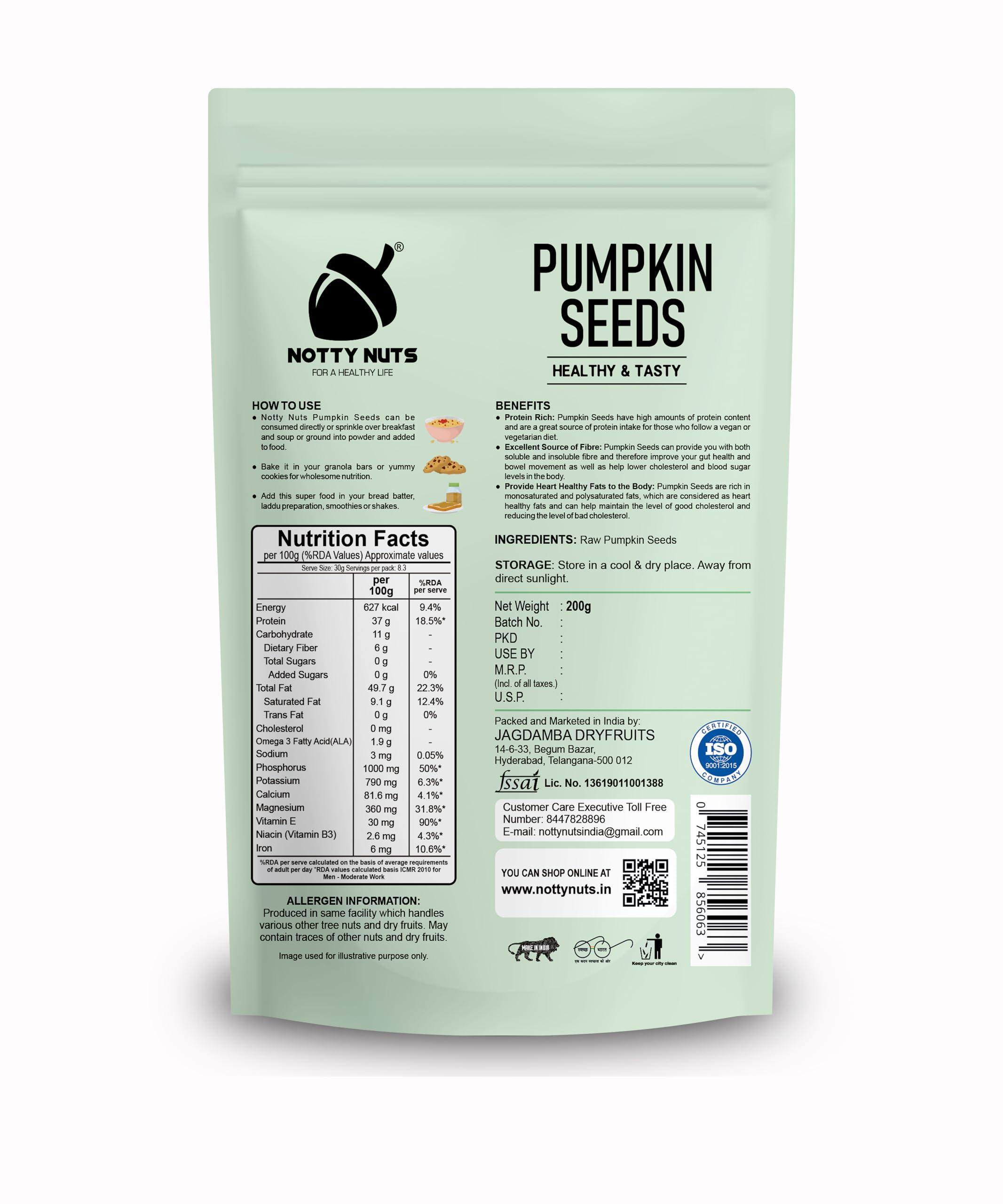 Notty Nuts -FOR A HEALTHY LIFE Notty Nuts Pumpkin Seeds 200g | Raw Pumpkin Seeds for Eating | Immunity Booster Seeds | Protein and Fiber Rich Superfood