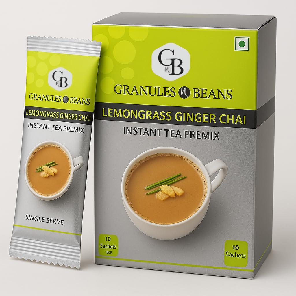 GnB GRANULES n BEANS Granules n Beans Lemongrass Ginger Chai Instant Tea Premix - (10 Sachet x 14g = 140g) (Pack of 2)