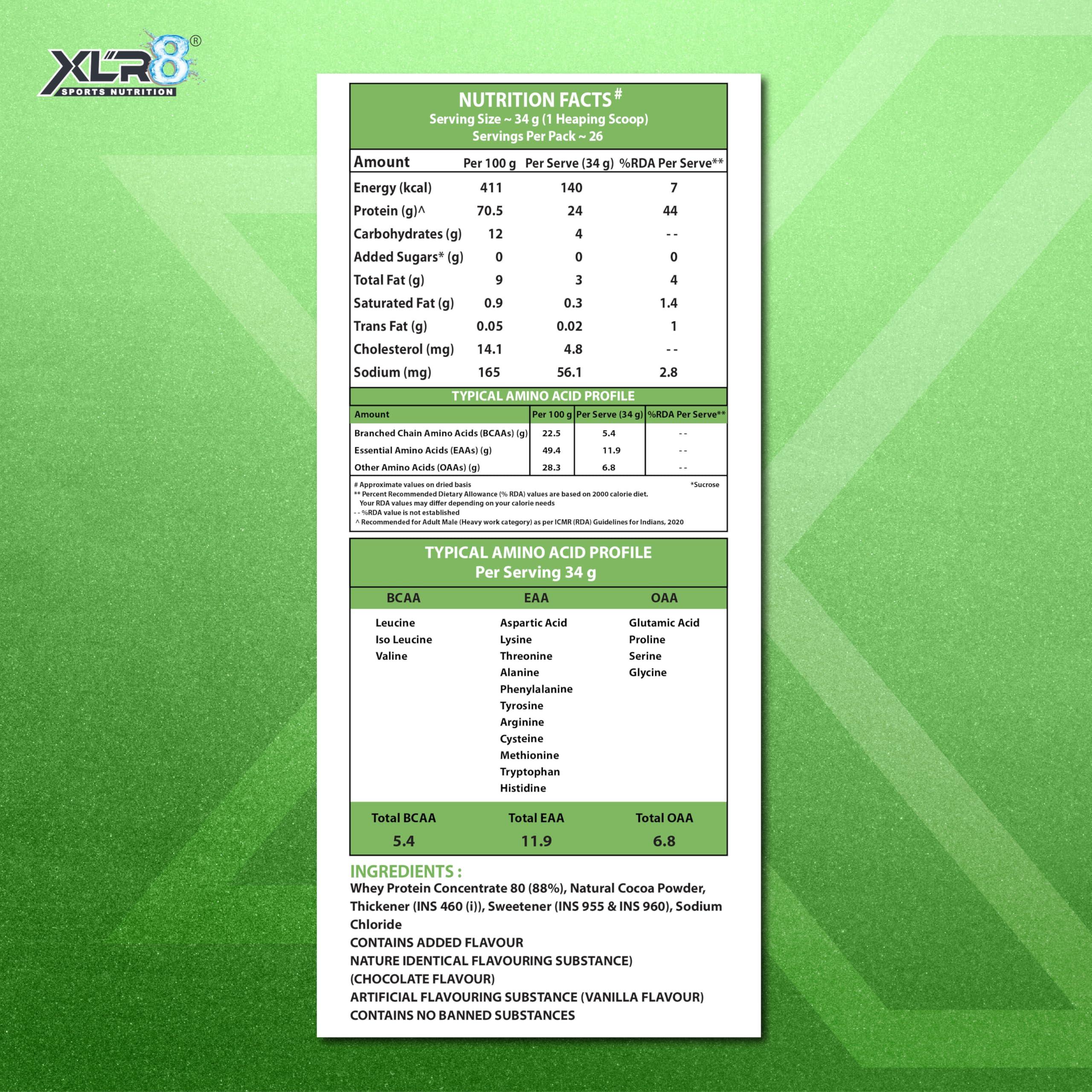 XLR8 XLR8 Whey Protein Powder with 24 g Protein Content & 5.4 g BCAA (907 g, Chocolate)