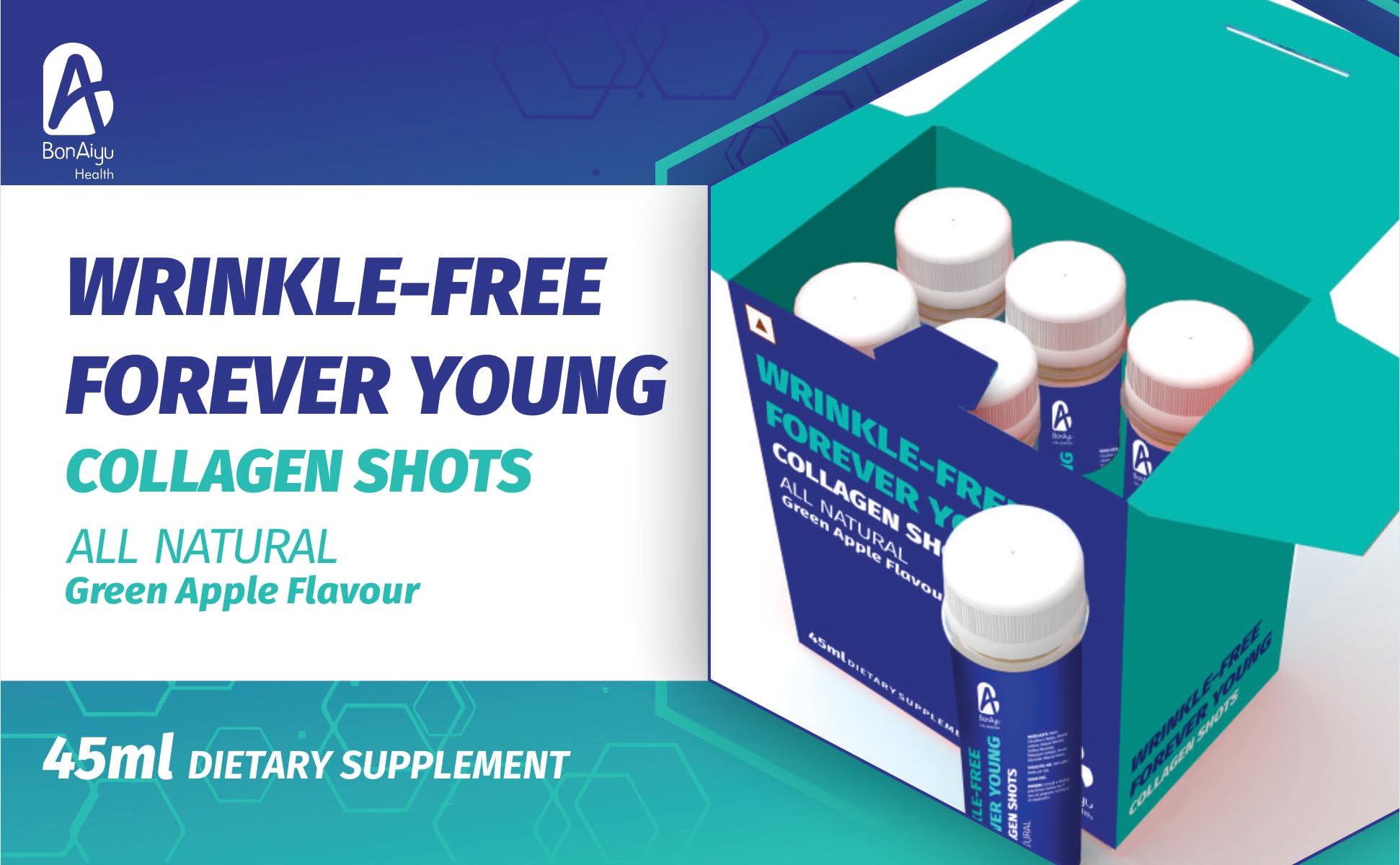 BonAyu BonAiyu WRINKLE-FREE FOREVER YOUNG COLLAGEN SHOTS All Natural (Green Apple Flavour) | With Vitamin C & Biotin | Promotes Healthy & Glowing Skin, Hair & Nails | Sugar Free for Women / Men | 45ml Each (Pack Of 6 Pet Bottles)