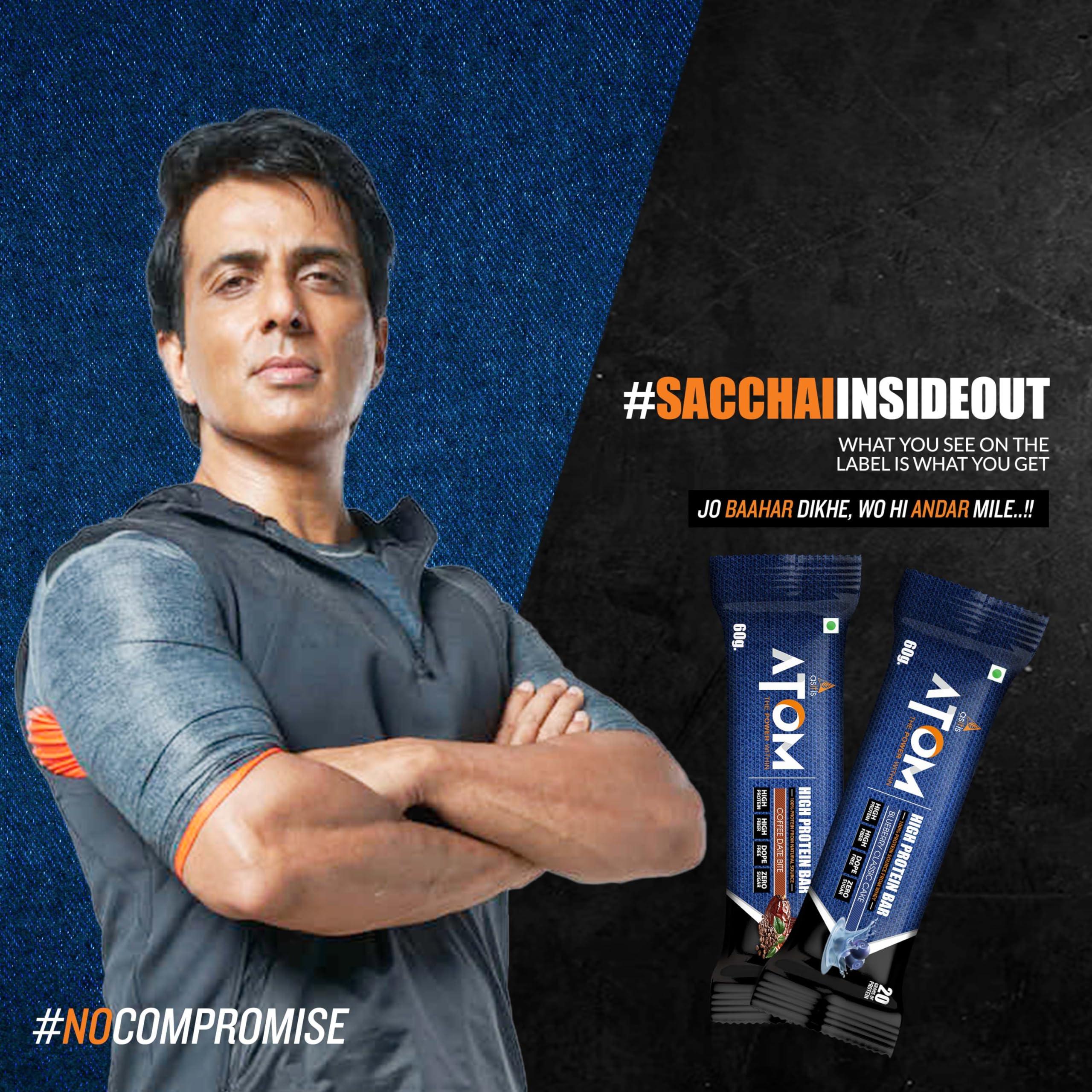 Asitis Nutrition Asitis Nutrition Atom High Protein Bar,20Gm Protein,Zero Transfat,Zero Added Sugar,Whey Protein Concentrate, Isolate & Hydrolysate As Protein Source,Pack Of 6 (60Gm X 6), Coffee Date Bite