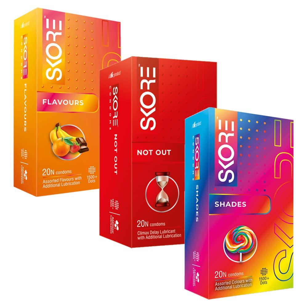 Skore Skore Delay Climax Condoms - 20 Count (Not Out, Shades, Flavours)