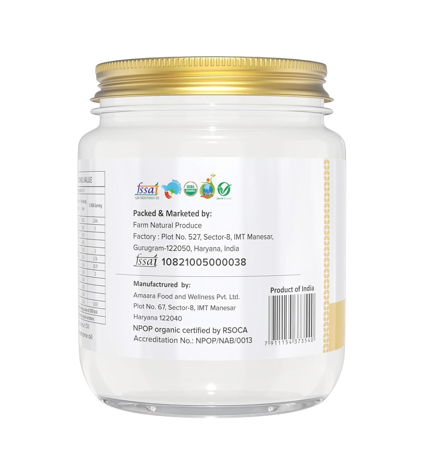 Farm Naturelle Farm Naturelle -100% Pure Organic Extra-Virgin Cold Pressed Coconut Oil 550ml | Aroma for Cooking & Healthy Skin and Hair | 100% Vegan (Glass Bottle -550ml)