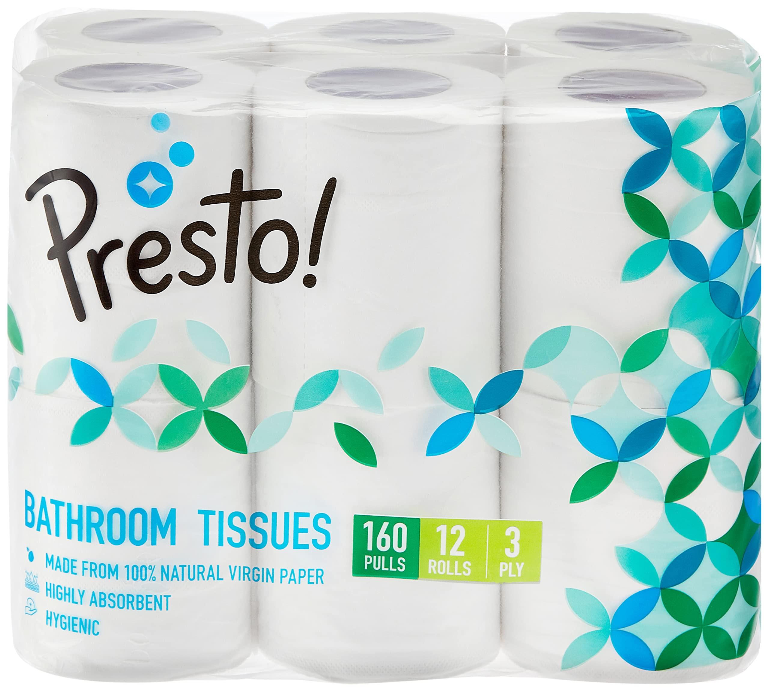 Presto! Amazon Brand - Presto ! 3 Ply Toilet Paper Tissue Roll - 12 Rolls (160 Pulls Per Roll) & Hygienic Flush Tabs, Aqua Fresh - 50 g (Pack of 6) & Surface Cleaning Wipes - 30 wipes/pack (Pack of 6)