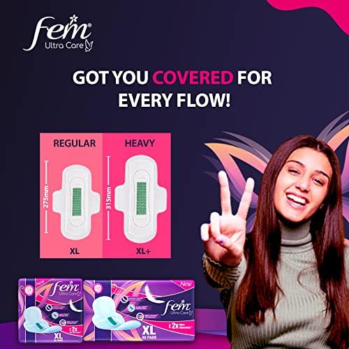 FEM Fem Ultra Care Sanitary Pads for Women - XL+(Pack of 30) with wings| 2X higher absorption technology | Zero leakage up to 12 hours | Dermatologically tested |99.99% germ protection
