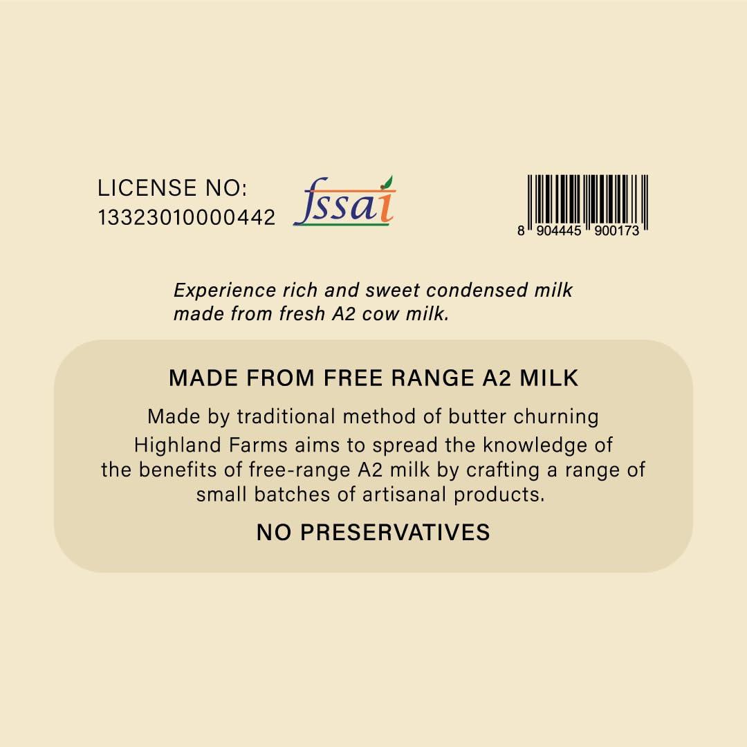Highland Farms Highland Farms Condensed Milk | made with Free range A2 Milk | Omega-3 reduce the risk of heart disease & stroke | rich in protein, Vitamin A and Potassium | glass packaging | 325g
