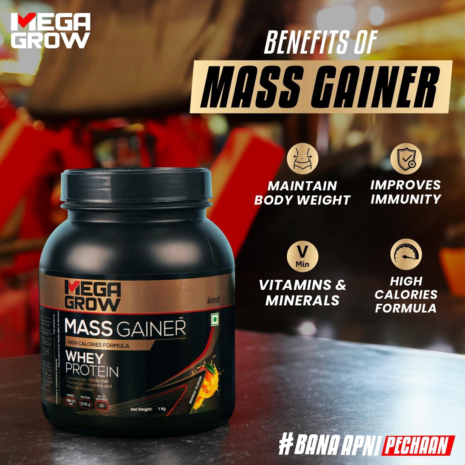MEGAGROW Megagrow Mass Gainer + Shaker 1kg (Mango Flavor) -High Calorie Whey Protein Powder for Weight Gain/Muscle Building & Growth|Weight Gainer Shakes for Women & Men-No of Servings 10