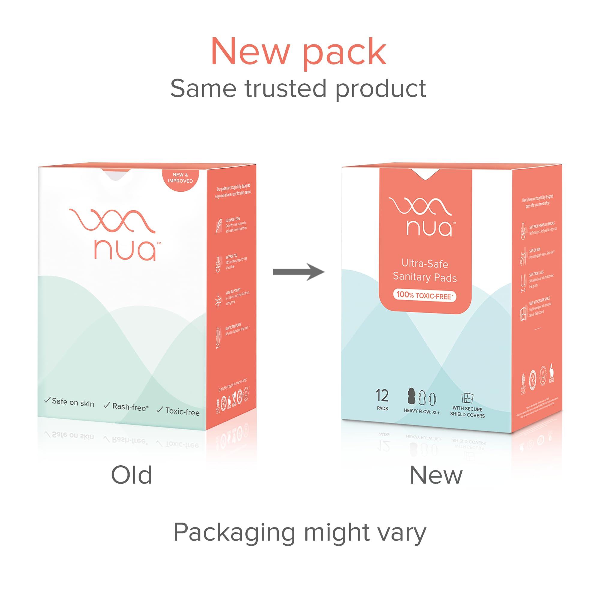 Nua Nua Sanitary Pads For Women | Safe on Skin | Toxic-Free & Rash-Free | Unscented | 12 Ultra Thin Pads | Heavy Flow-XL+| 50% Wider Back| Leakproof | With 12 Paper Disposal Pouches| Made Safe x Pack of 3