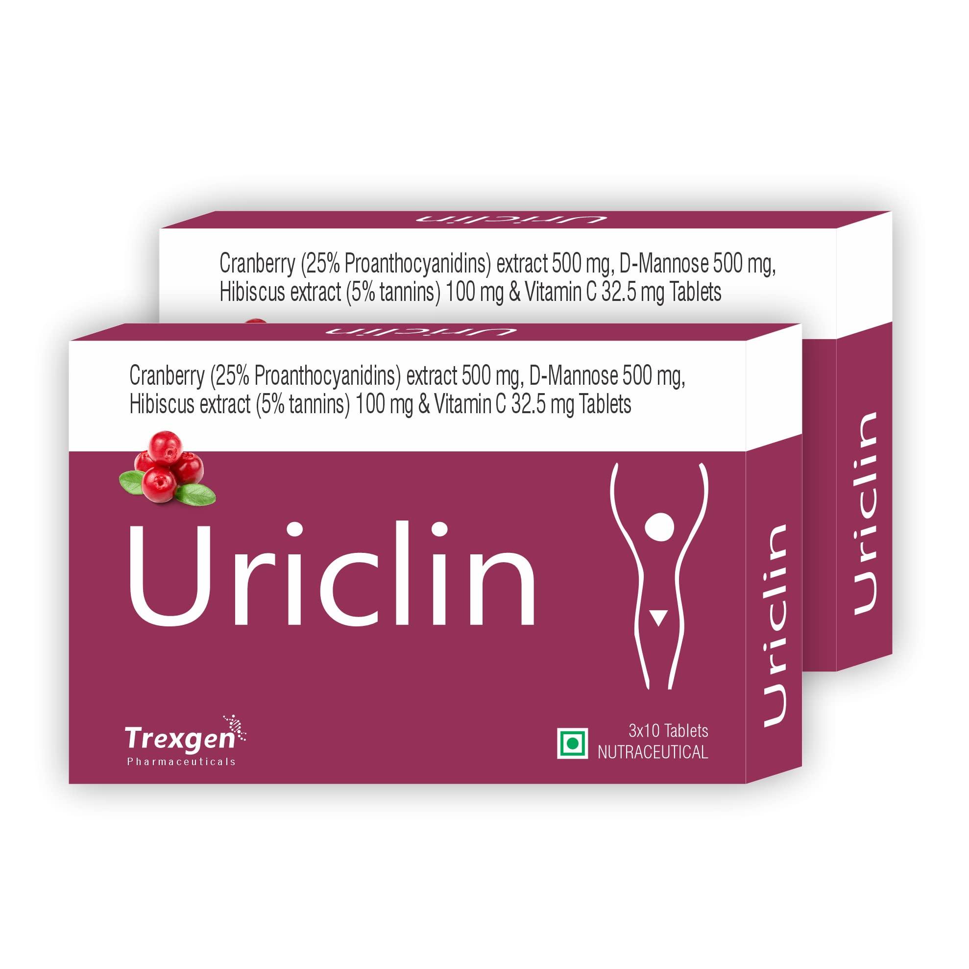 Trexgen Trexgen URICLIN UTI Support Cranberry 25% Proanthocyanidine 500 mg, D-Mannose 500 mg, Hibiscus 100 mg & Vitamin C (30 Tablets) (Pack of 2)