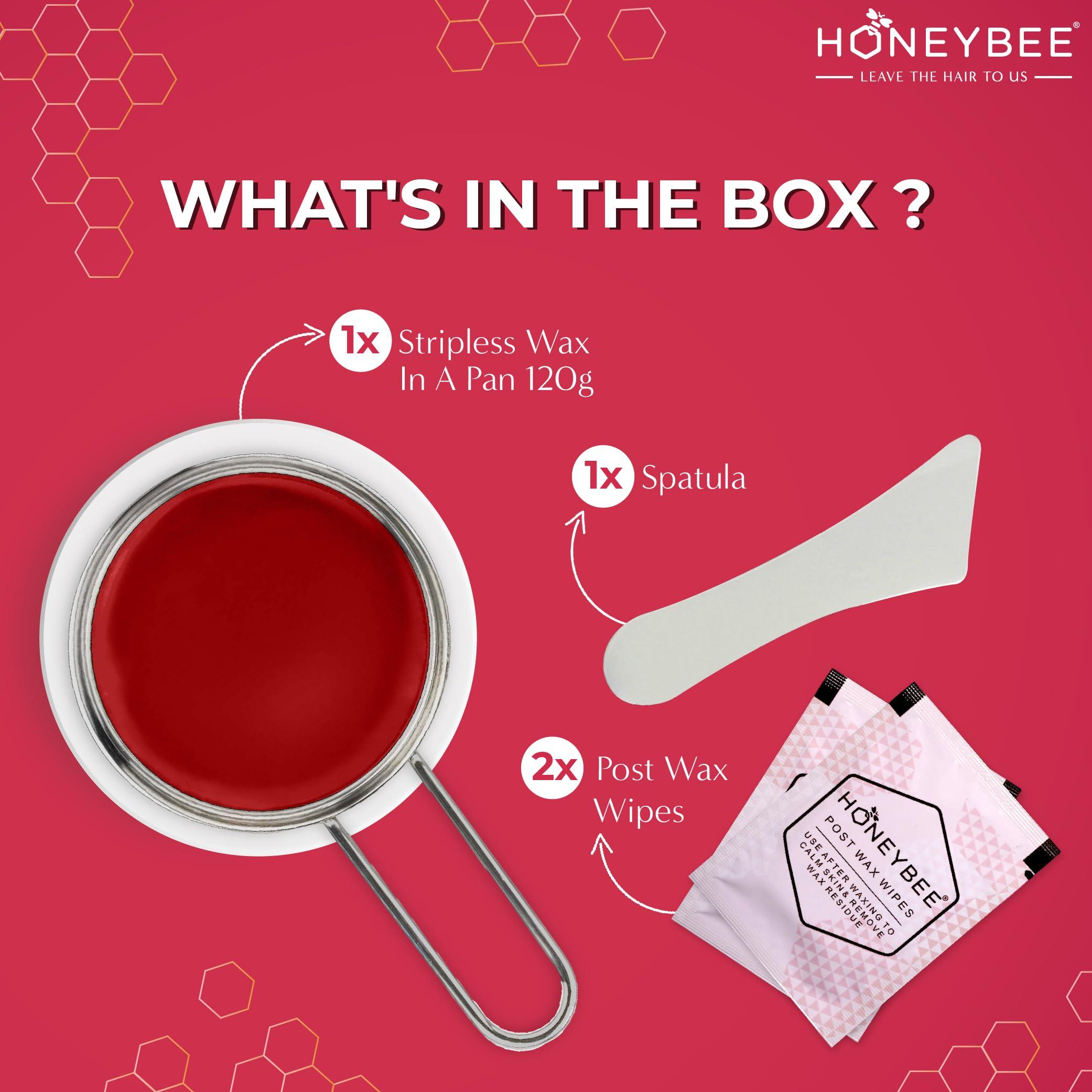 HoneyBee HoneyBee Stripless Katori Wax For Face|Pan Wax With Handle For Face, Upper Lip, Chin, Jaw, Underarms, Bikini And Brazilian|For All Skin Type|No-Strip Wax At Home|Post Wax Wipes|Spatula|120 Gm, Women