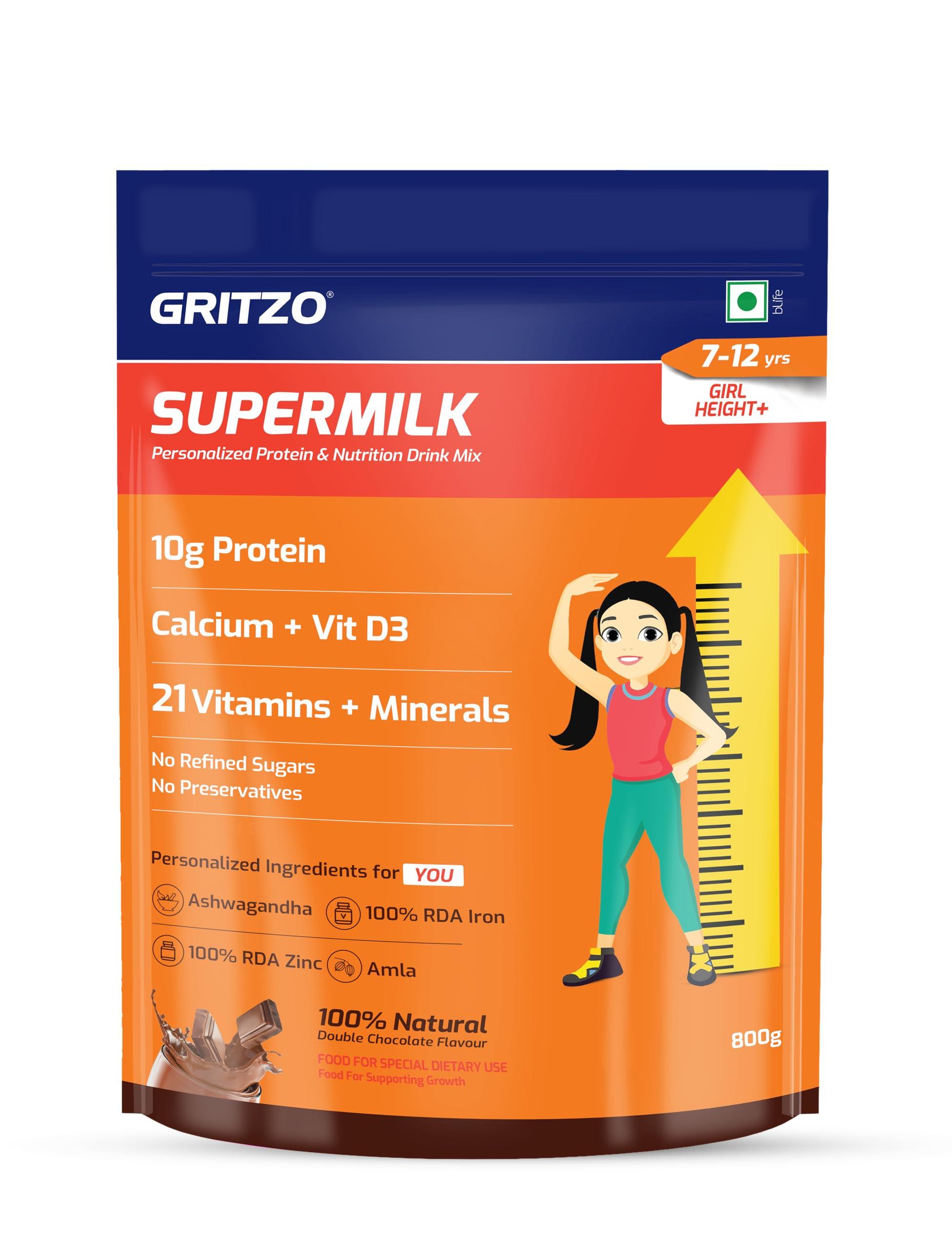 Gritzo Gritzo SuperMilk Height+ (7-12y Girls), 10g Protein Powder (Double Chocolate, 1kg) | Zero Refined Sugar, 21 Vitamins & Minerals