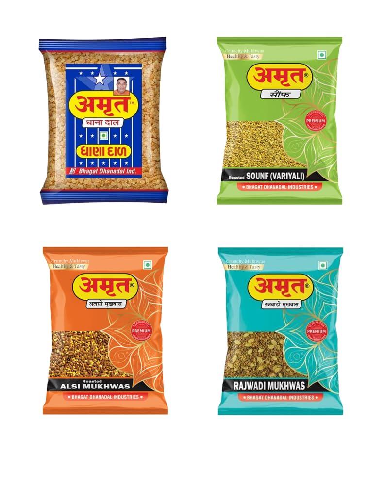 AMRUT AMRUT Combo Of Dhanadal + Rajwadi + Alsi + Saunf Mukhwas - (200gm X 4 = 800g) (Pack Of 4) / Salty Coriander Seeds/Digestive Crunchy Mouth Freshener Traditional Mukhwas Ready To Eat