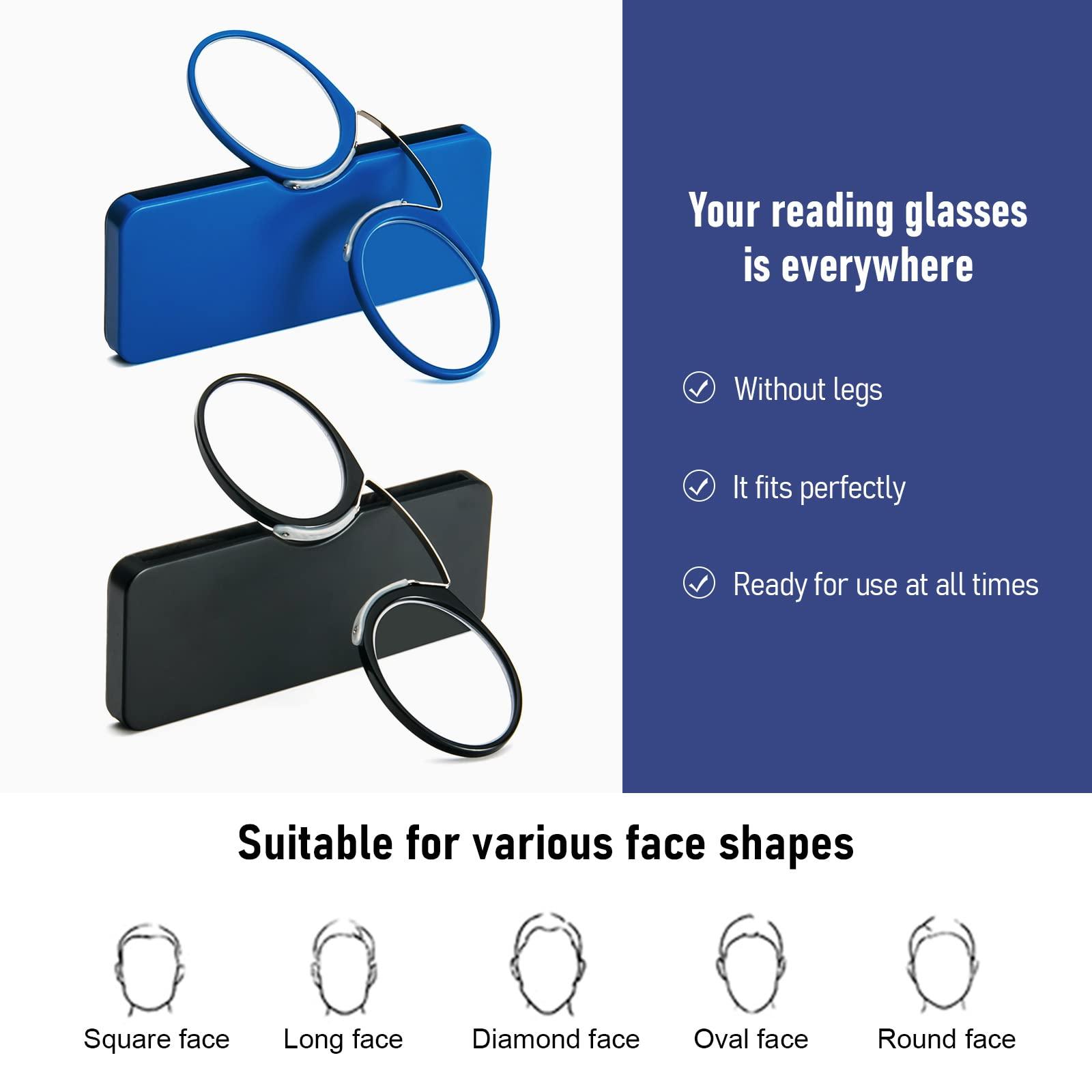 DXYXYO DXYXYO Slim Pocket Armless Clip on Nose Reading Glasses Men, Women 2 Pack Mini Compact Thin Readers with Small Portable Case, 1.5+ Black and Blue