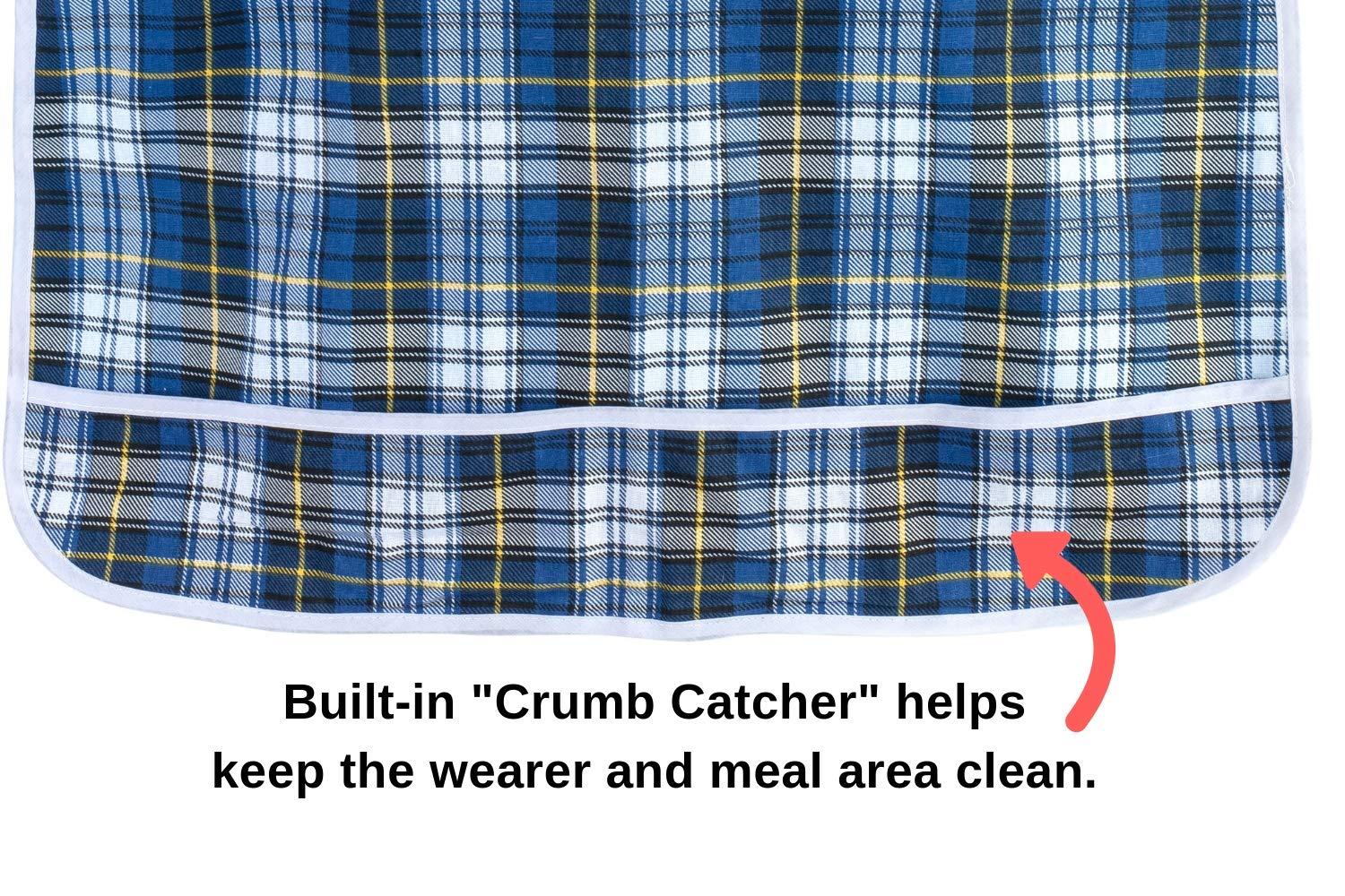 Shorewood Medical Adult Bib for Eating, Waterproof Clothing Protector with Crumb Catcher. Machine Washable, (Blue Plaid)