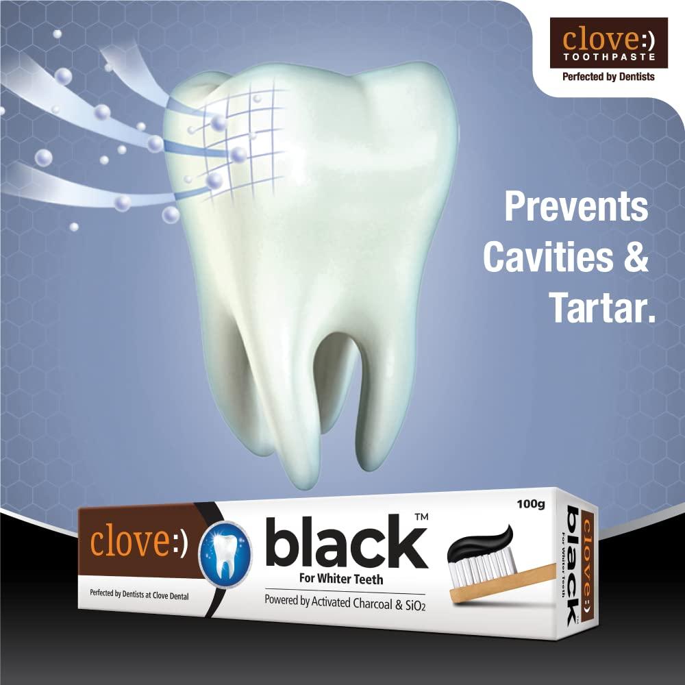 Clove Clove Black Toothpaste for Whiter Teeth powered by Activated Charcoal & SiO2. Formulated by dental experts- 200gms (100gm*2) Combo Pack